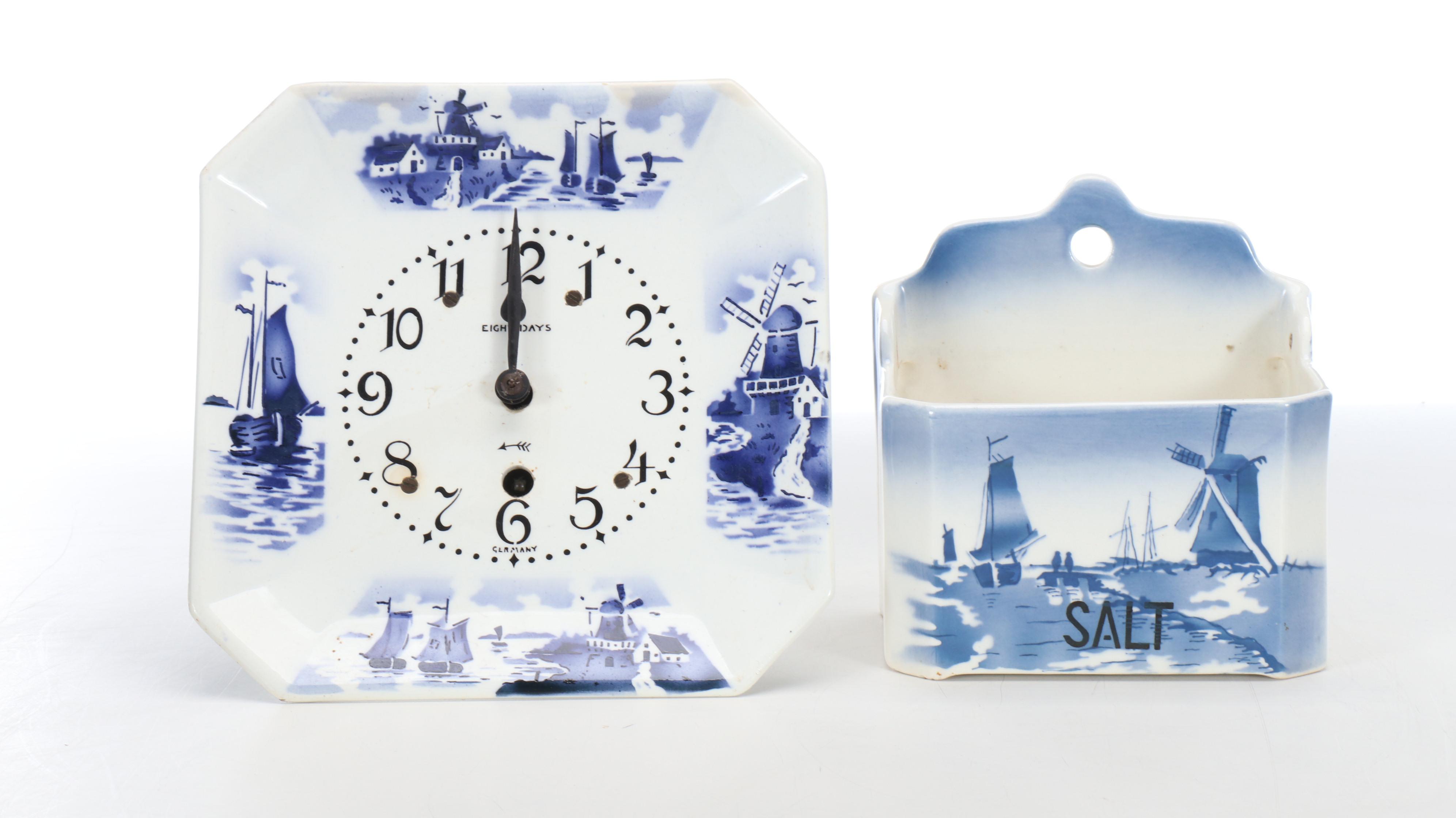 Czechoslovakian Delft Porcelain Food Storage Containers with Clocks and Shelf