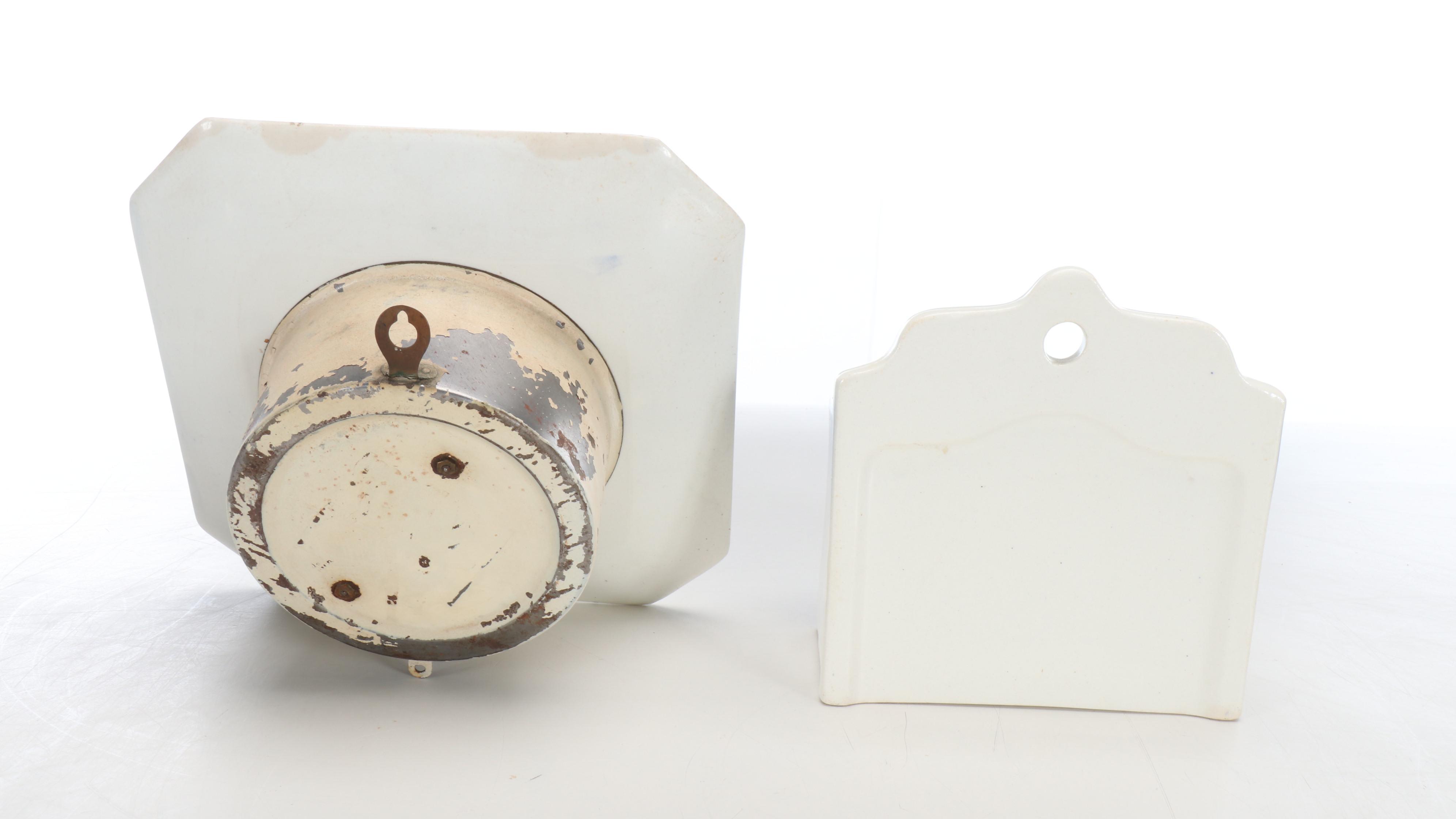 Czechoslovakian Delft Porcelain Food Storage Containers with Clocks and Shelf