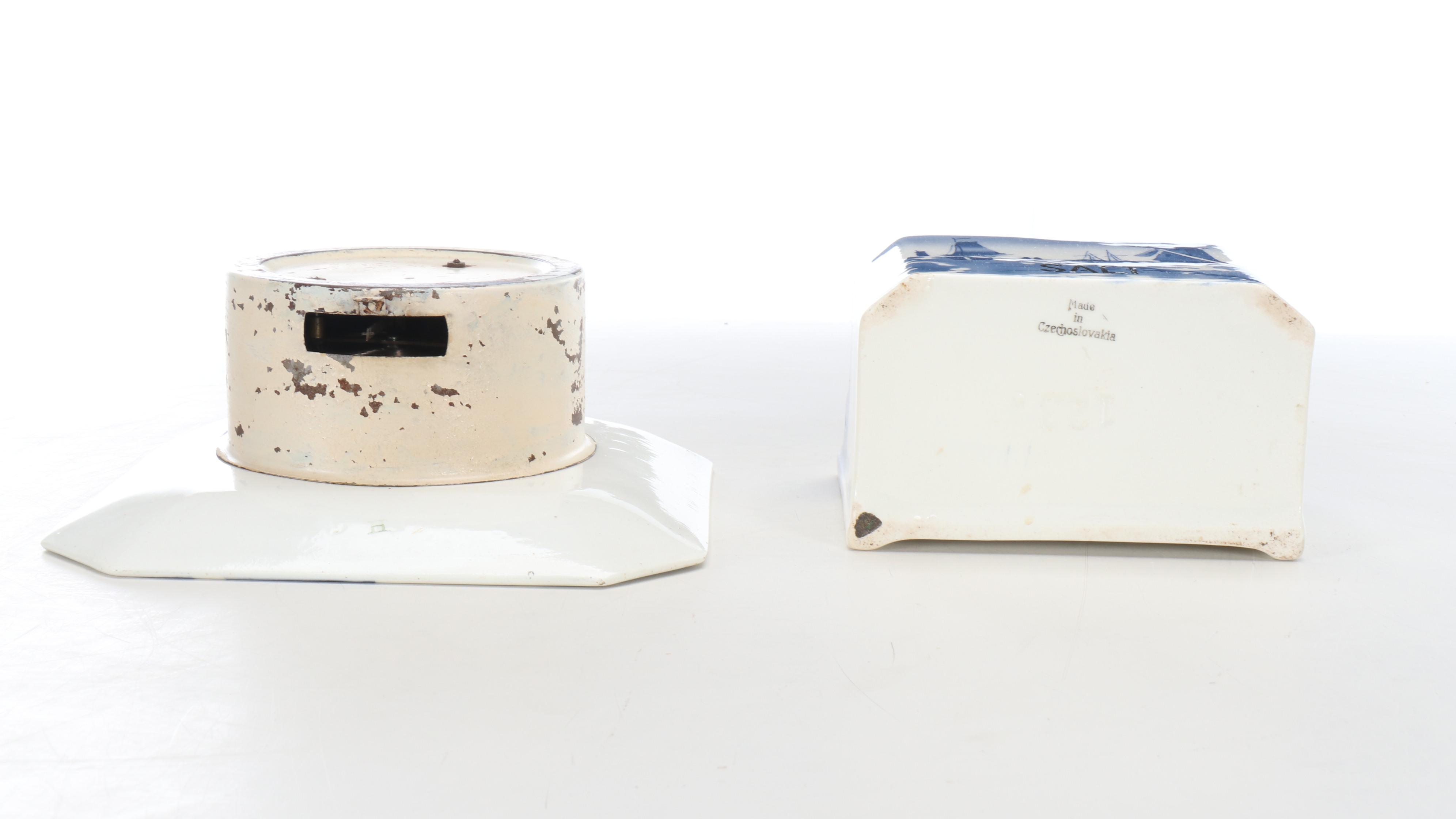Czechoslovakian Delft Porcelain Food Storage Containers with Clocks and Shelf