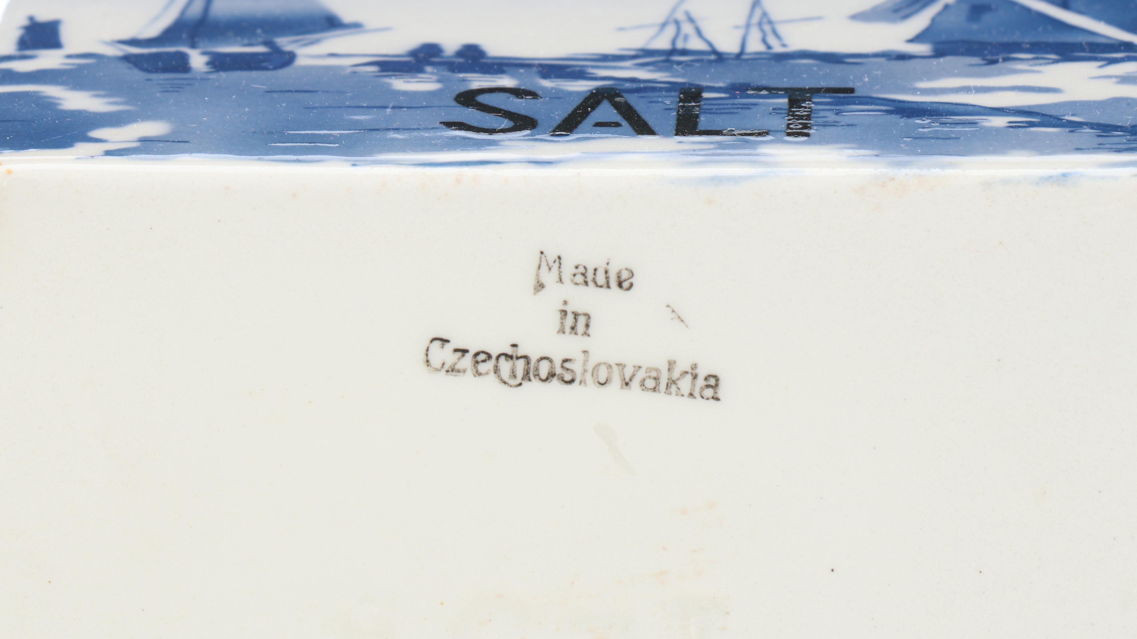 Czechoslovakian Delft Porcelain Food Storage Containers with Clocks and Shelf