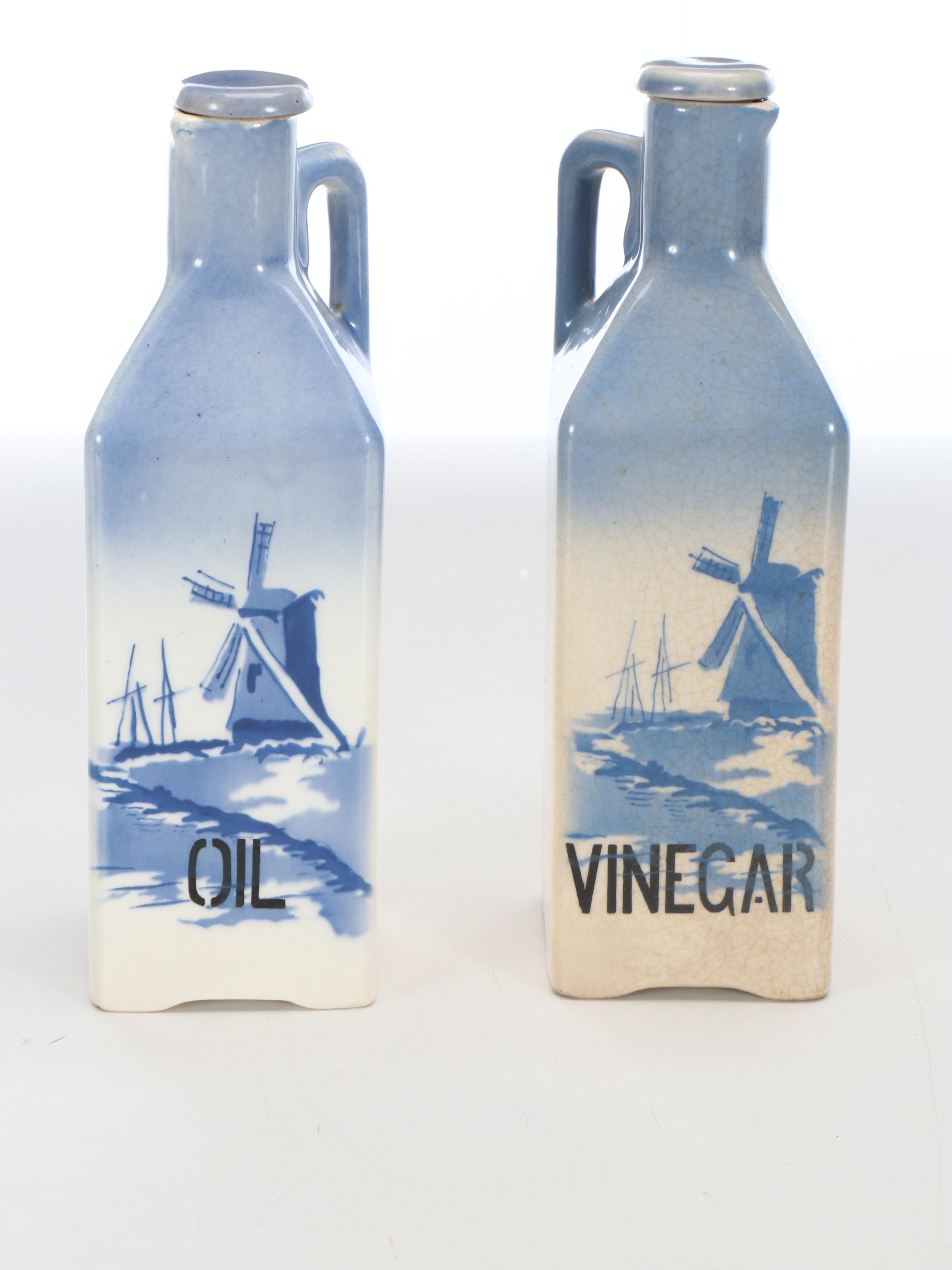 Czechoslovakian Delft Porcelain Food Storage Containers with Clocks and Shelf