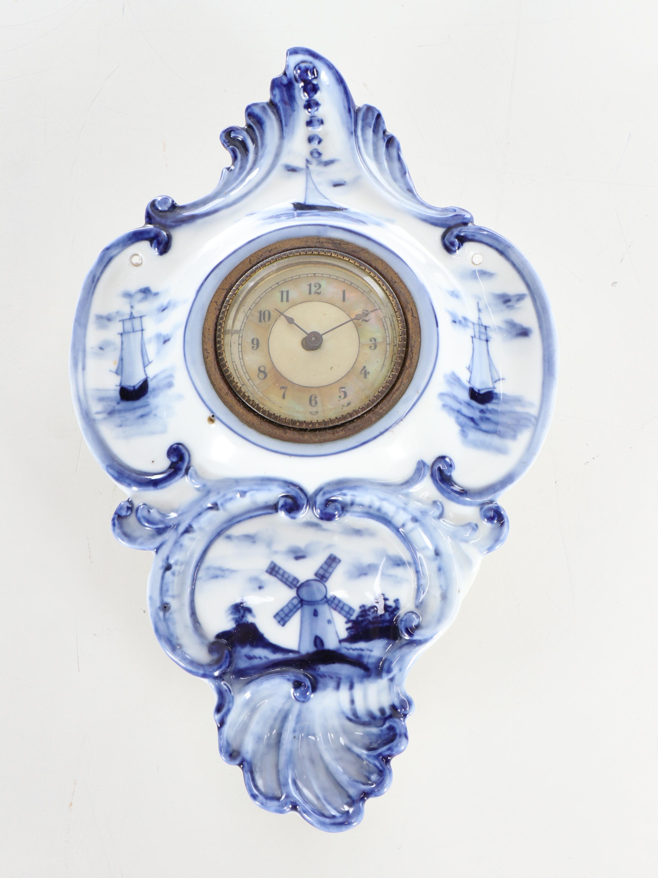 Czechoslovakian Delft Porcelain Food Storage Containers with Clocks and Shelf