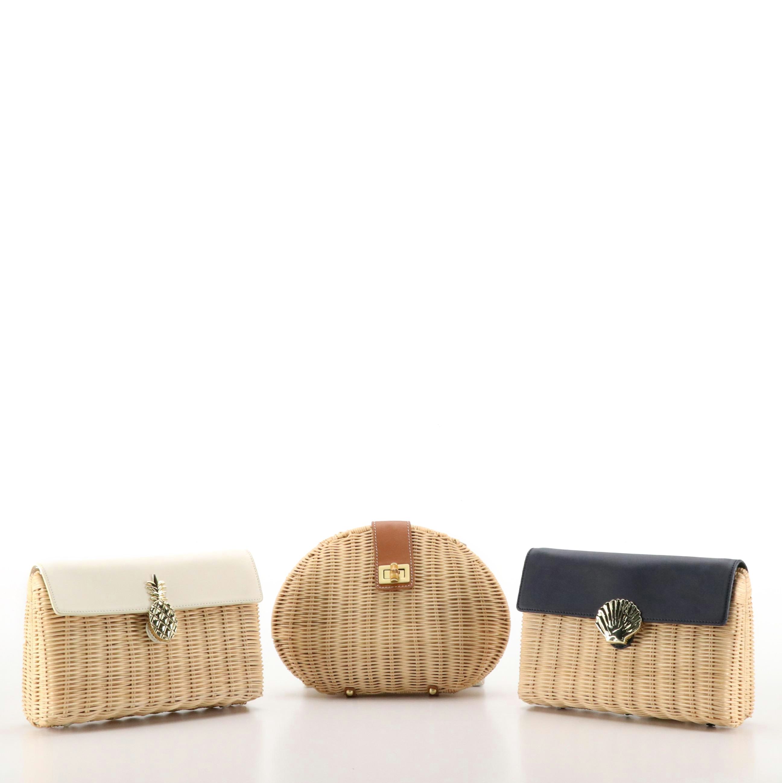 Talbots Convertible Clutch Bags in Natural Woven Rattan with Leather Trim