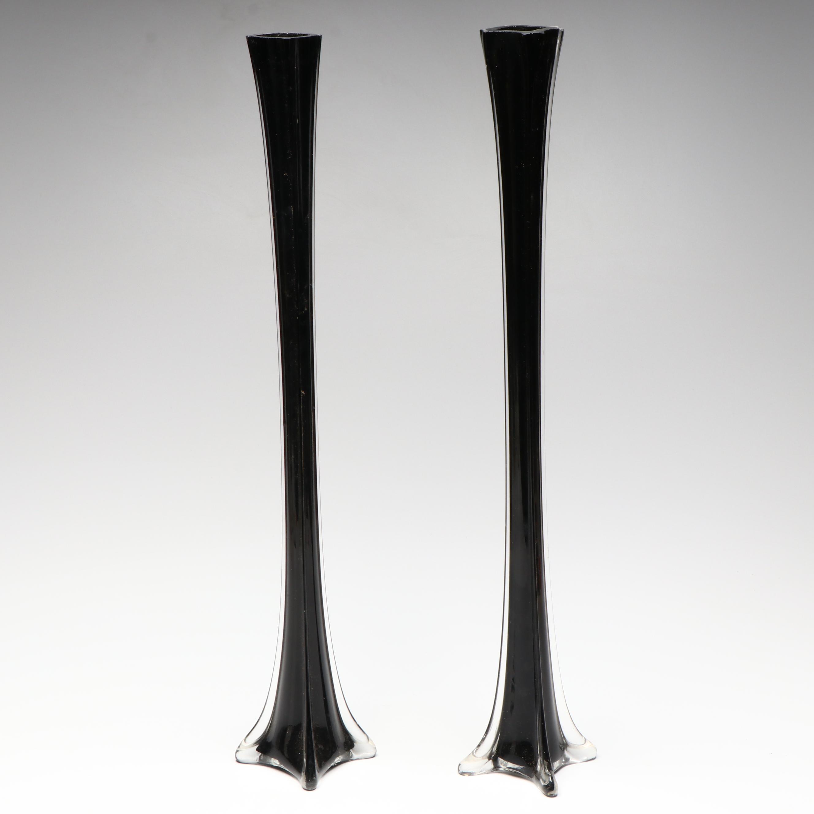 MCM Style Black Cased Clear Glass Tower Vases