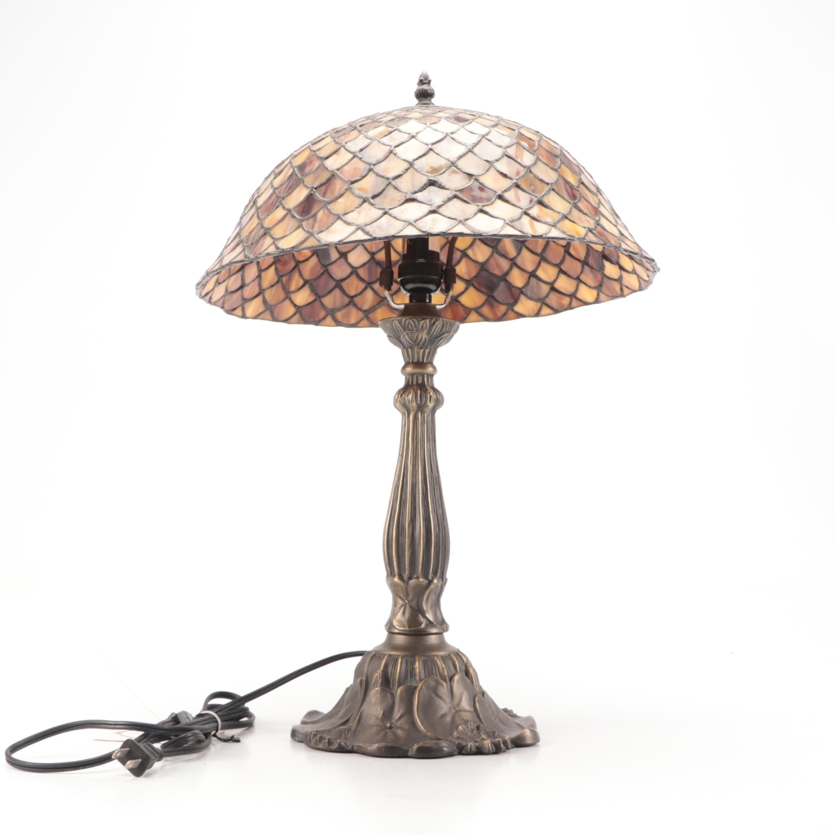 Meyda Tiffany Bronzed Metal Waterlily Lamp with Fishscale Slag Glass Shade