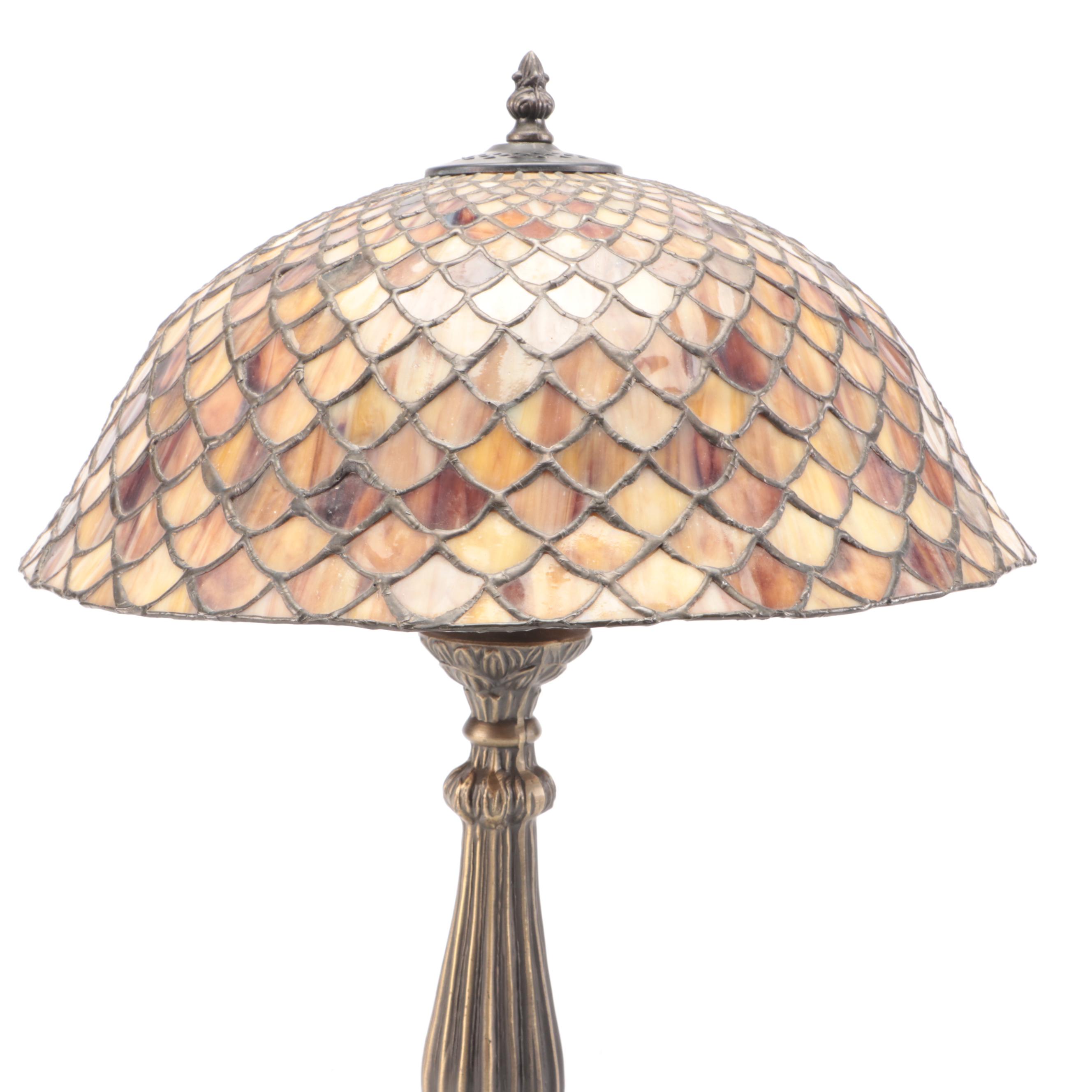 Meyda Tiffany Bronzed Metal Waterlily Lamp with Fishscale Slag Glass Shade