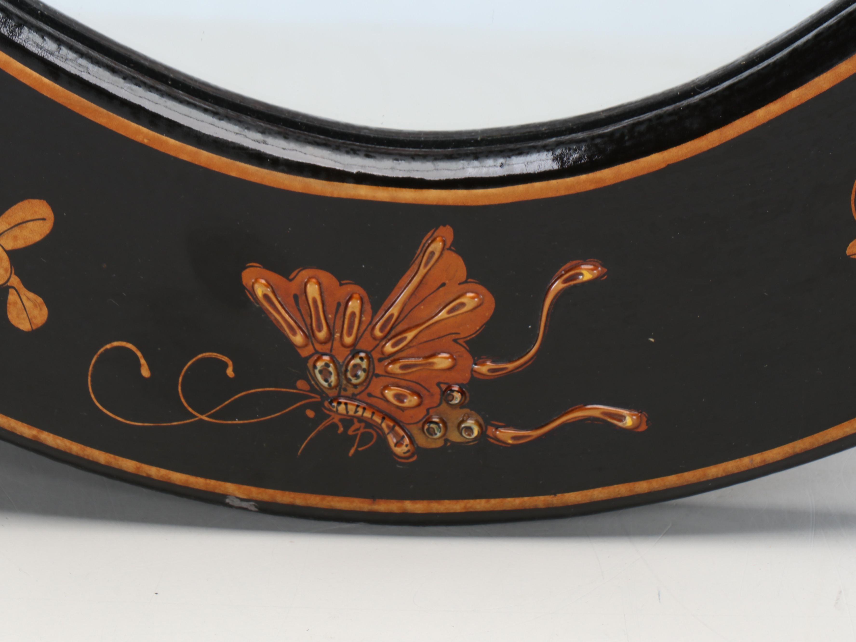 Chinoiserie Butterfly Black Lacquerware Oval Mirror