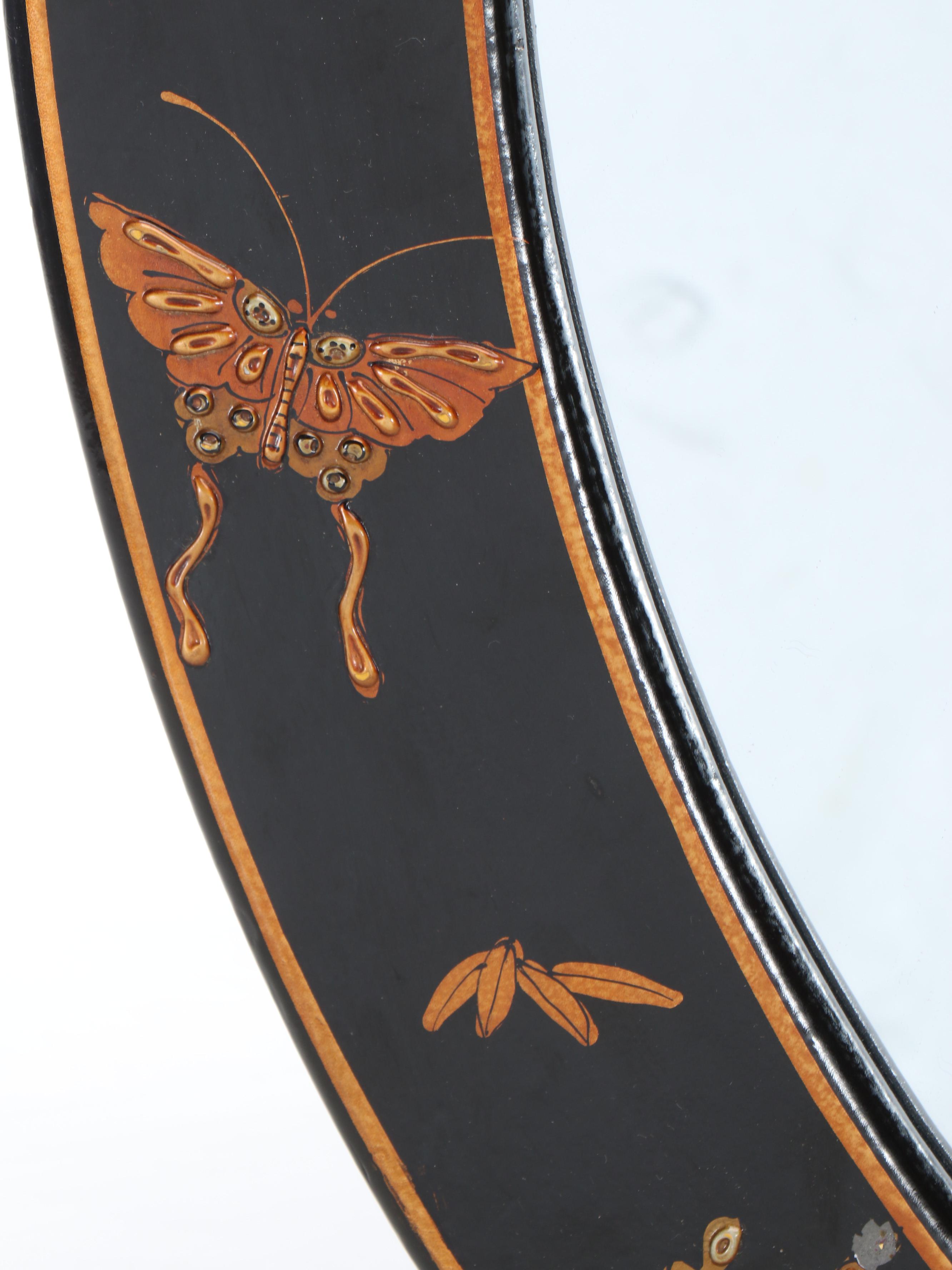 Chinoiserie Butterfly Black Lacquerware Oval Mirror