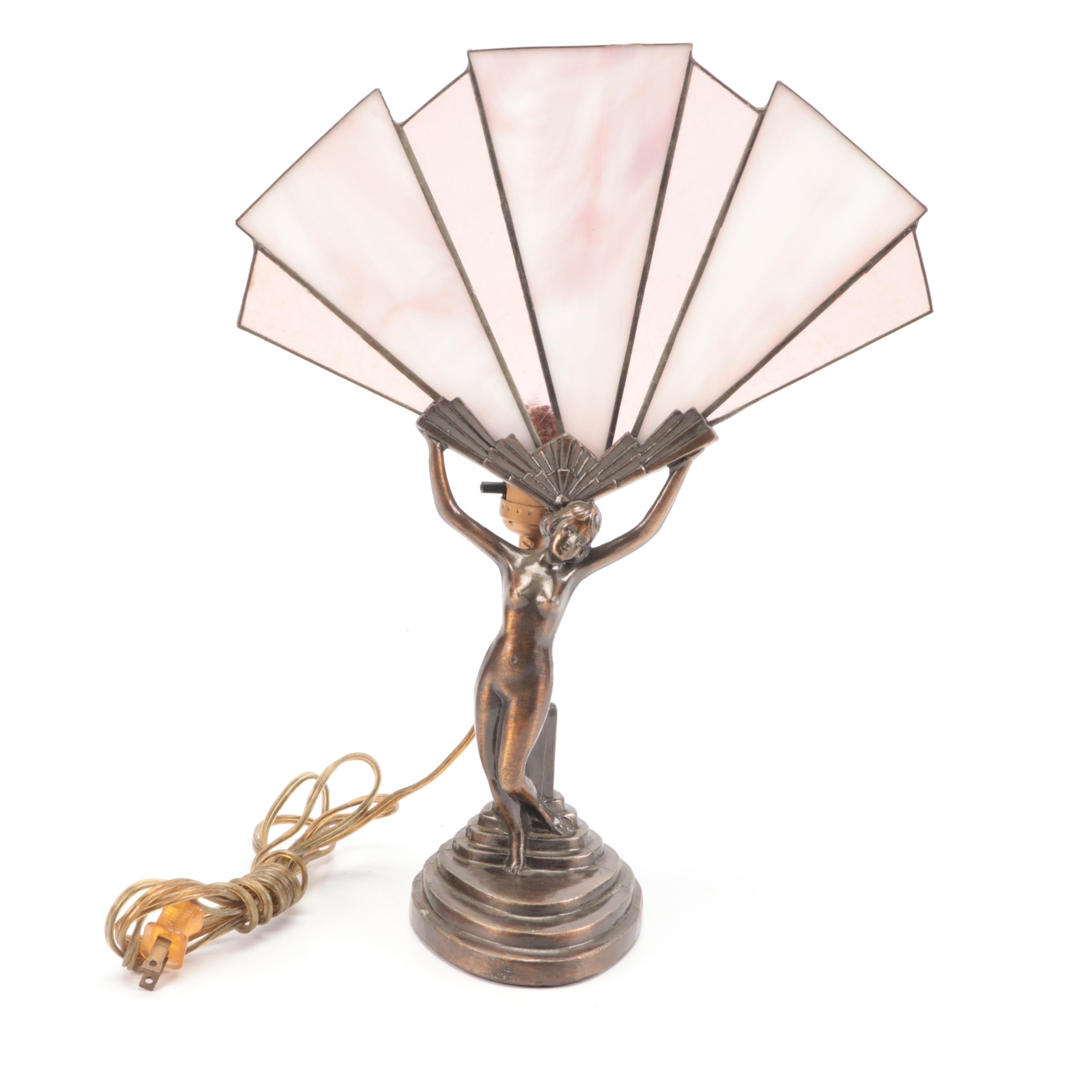 Art Deco Style Nude Female Metal Table Lamp with Slag Glass Fan Shade