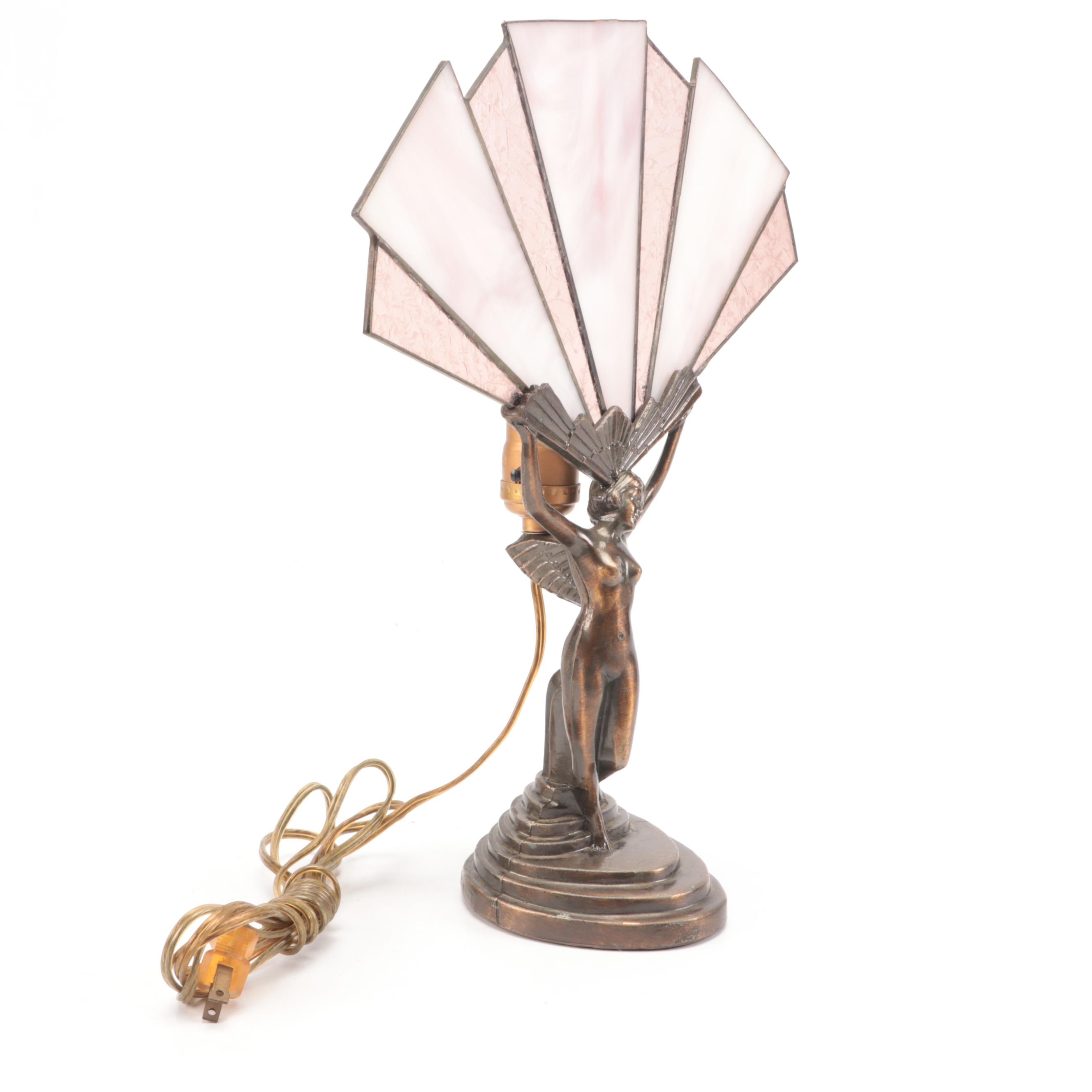 Art Deco Style Nude Female Metal Table Lamp with Slag Glass Fan Shade