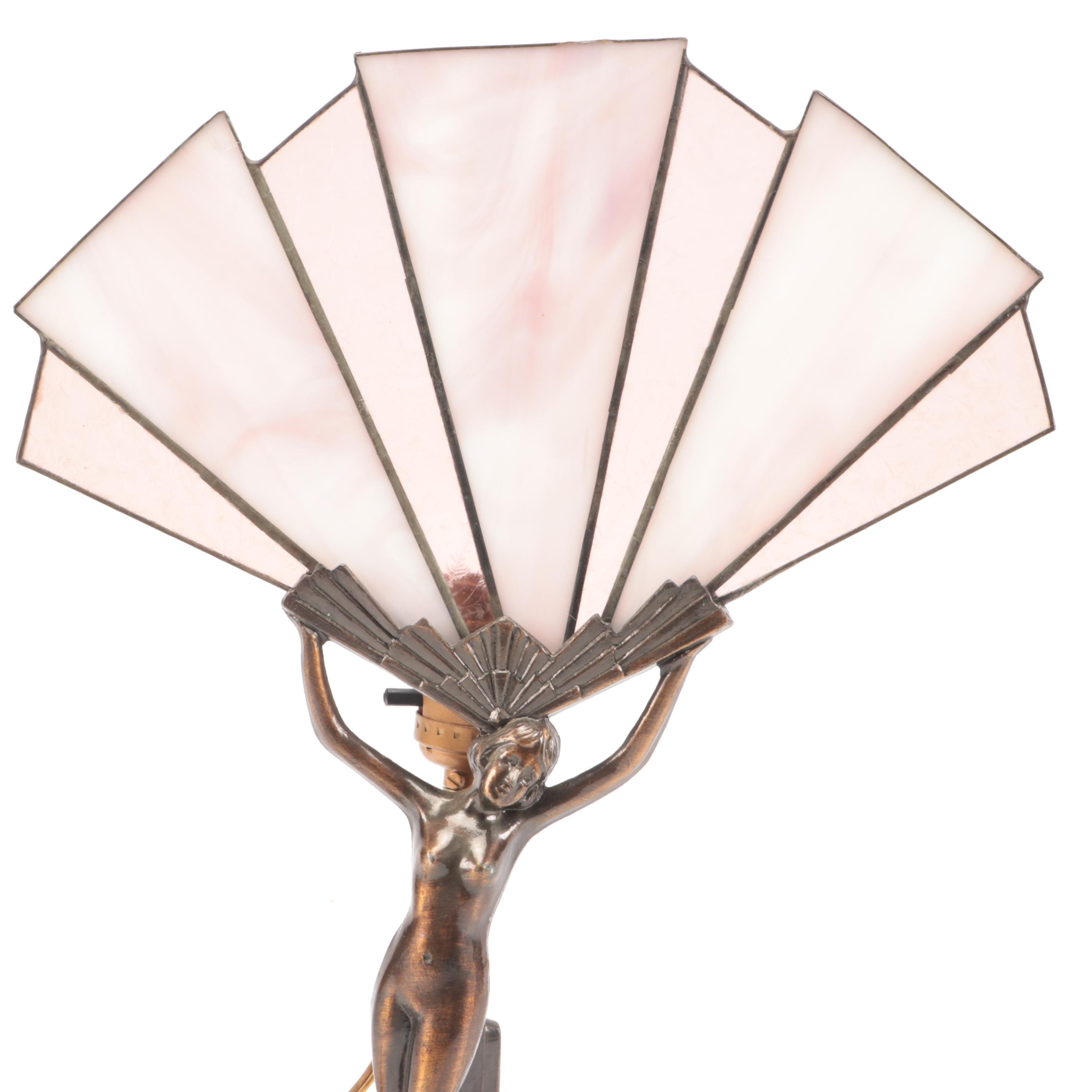 Art Deco Style Nude Female Metal Table Lamp with Slag Glass Fan Shade