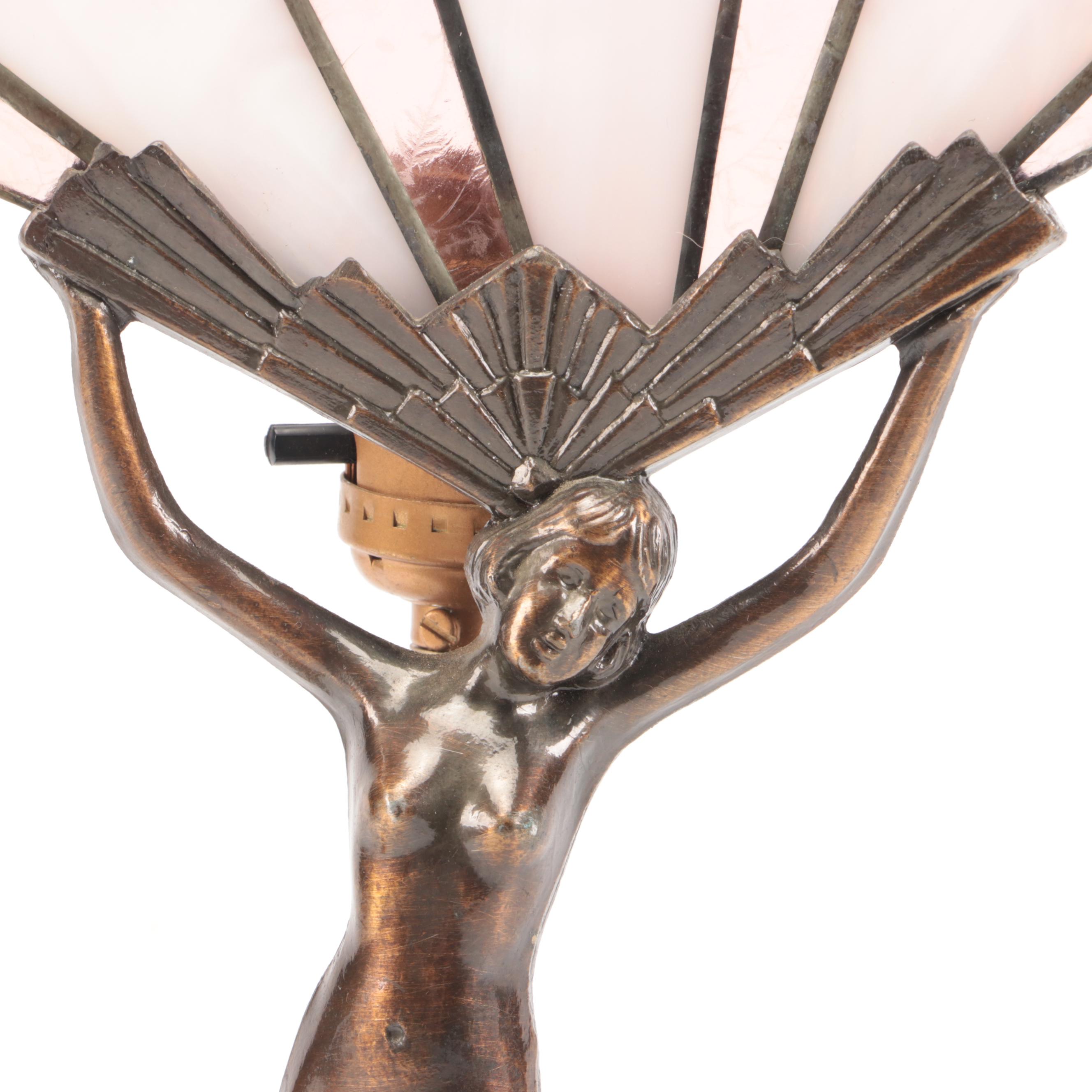 Art Deco Style Nude Female Metal Table Lamp with Slag Glass Fan Shade