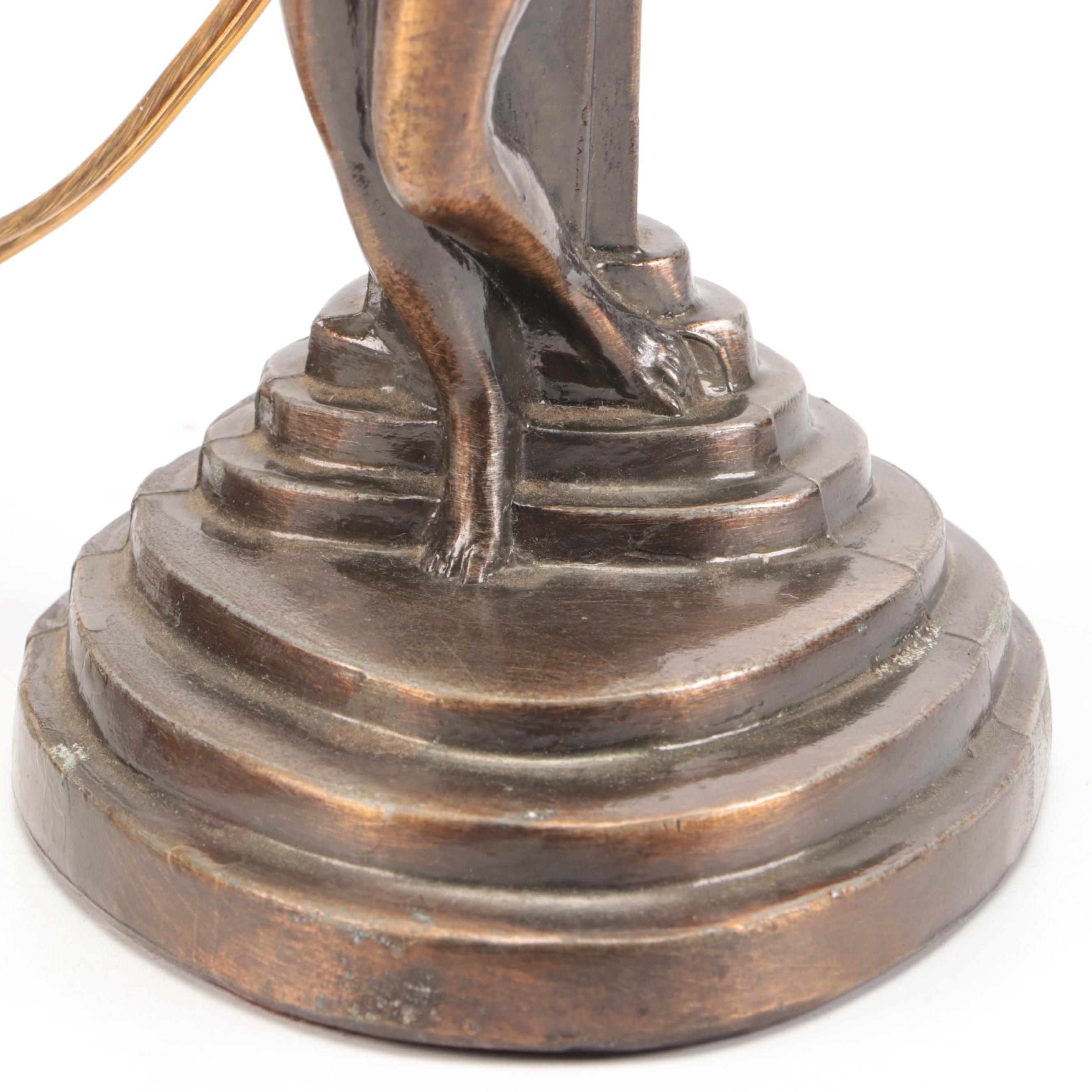 Art Deco Style Nude Female Metal Table Lamp with Slag Glass Fan Shade