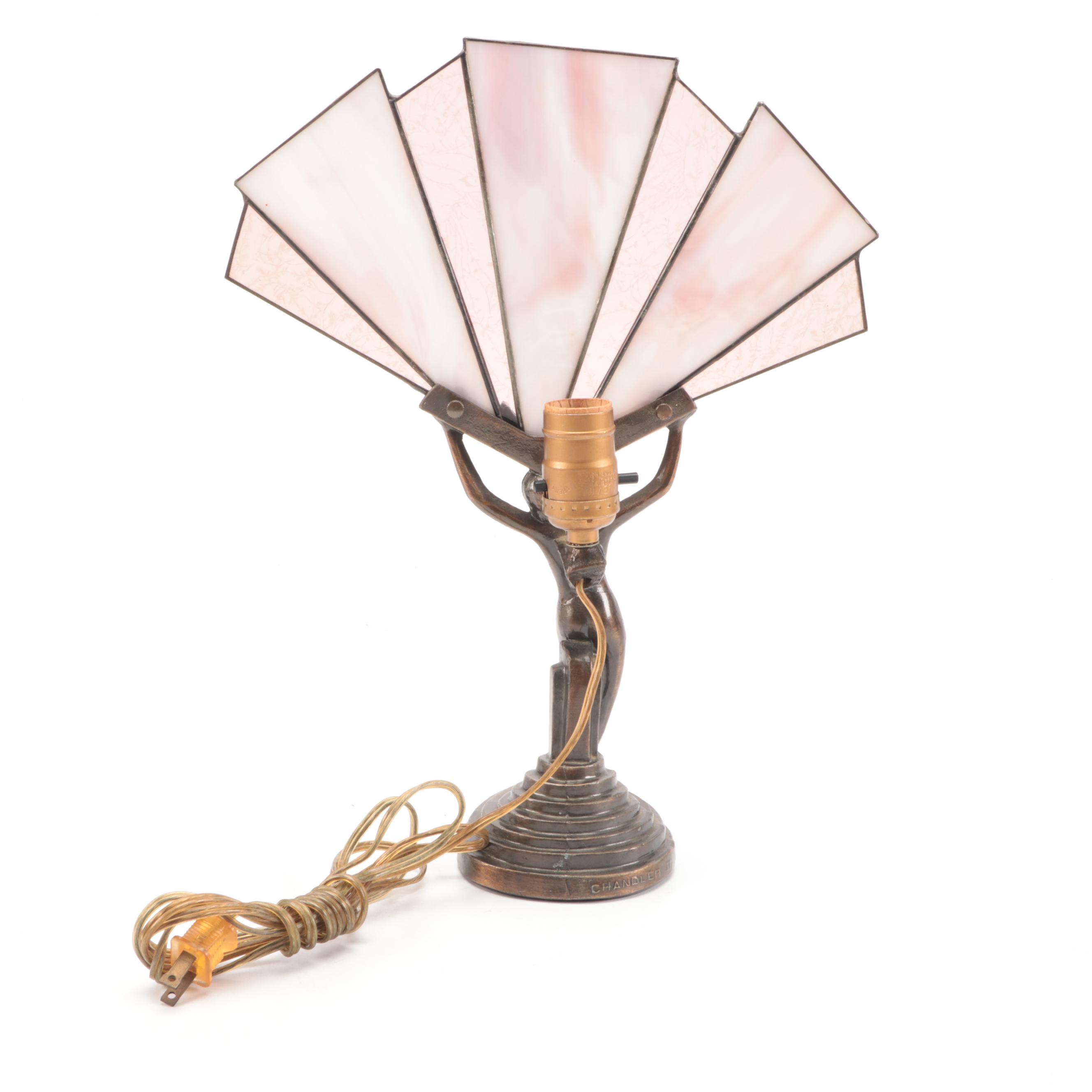 Art Deco Style Nude Female Metal Table Lamp with Slag Glass Fan Shade
