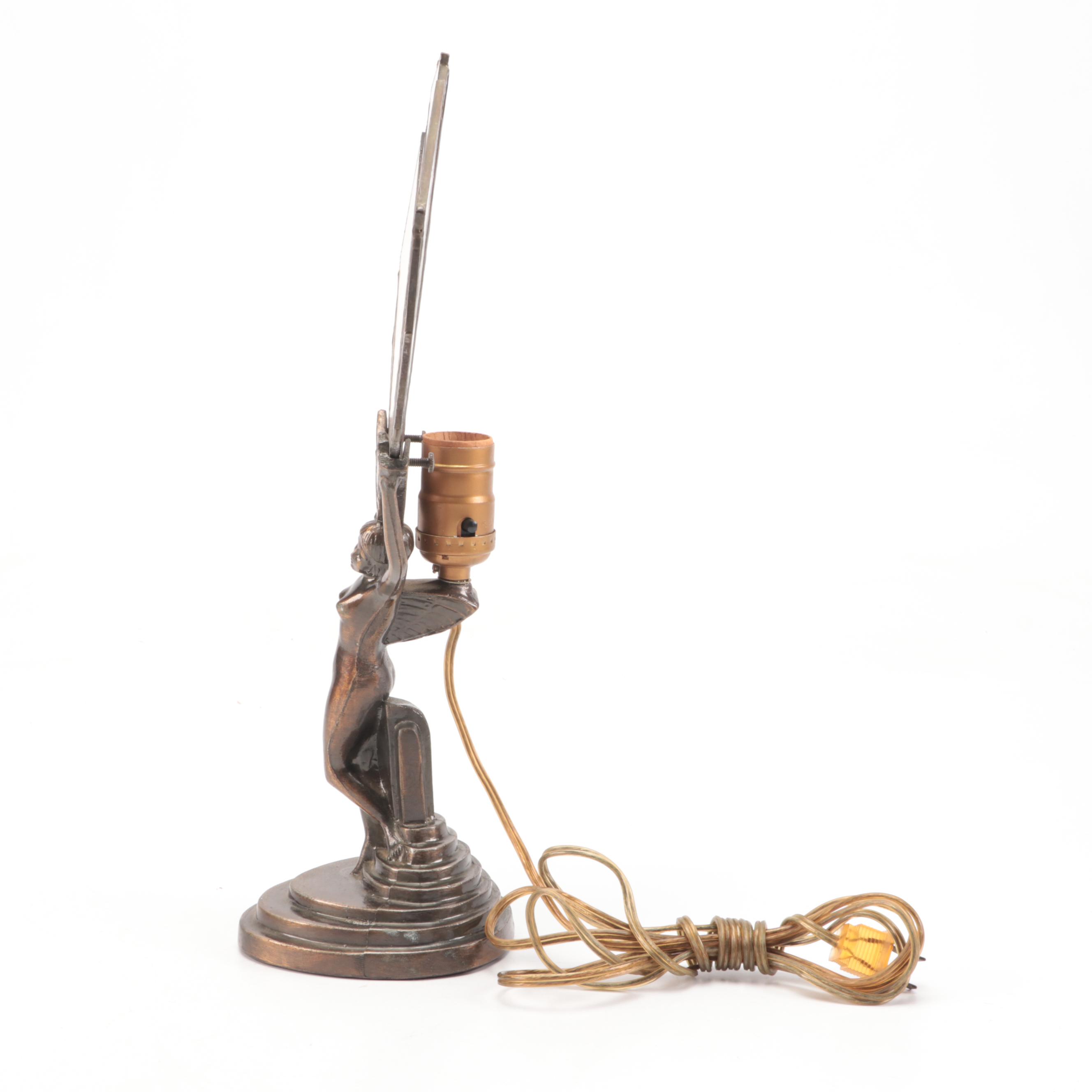 Art Deco Style Nude Female Metal Table Lamp with Slag Glass Fan Shade