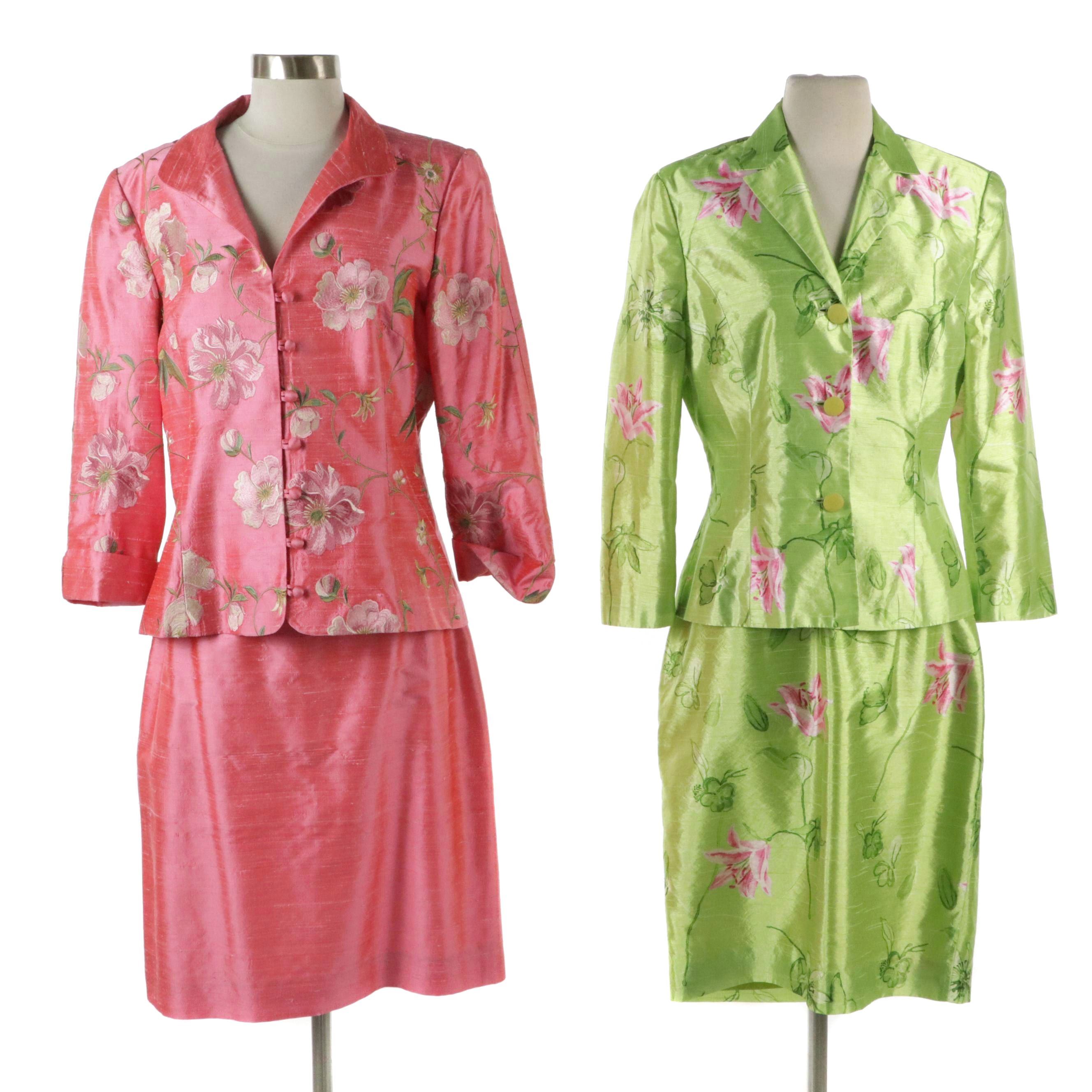 Paule Vasseur Silk Shantung and Renée DuMarr Polyester Floral Skirt Suits