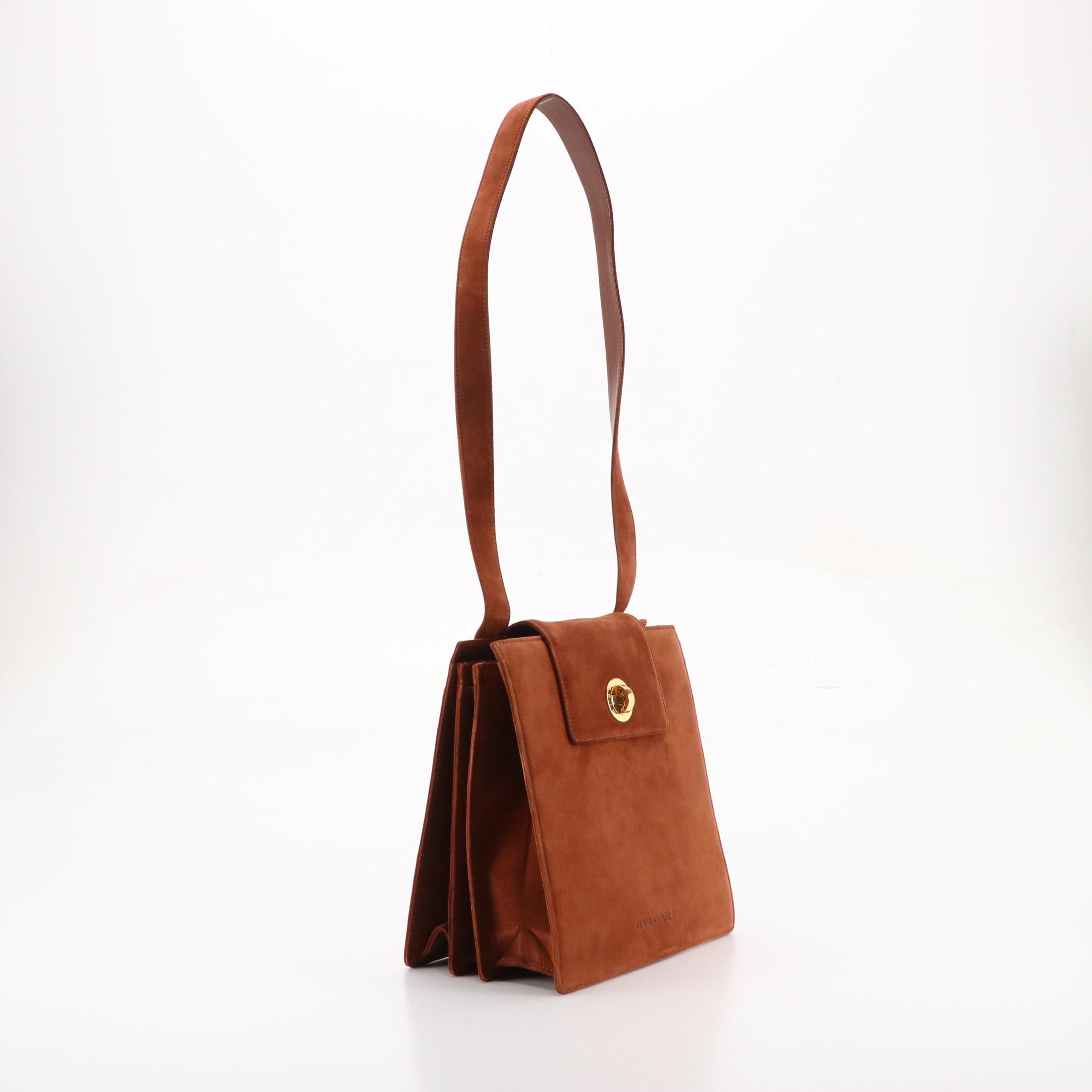 BVLGARI Accordion Shoulder Tote Bag in Brown Suede Leather