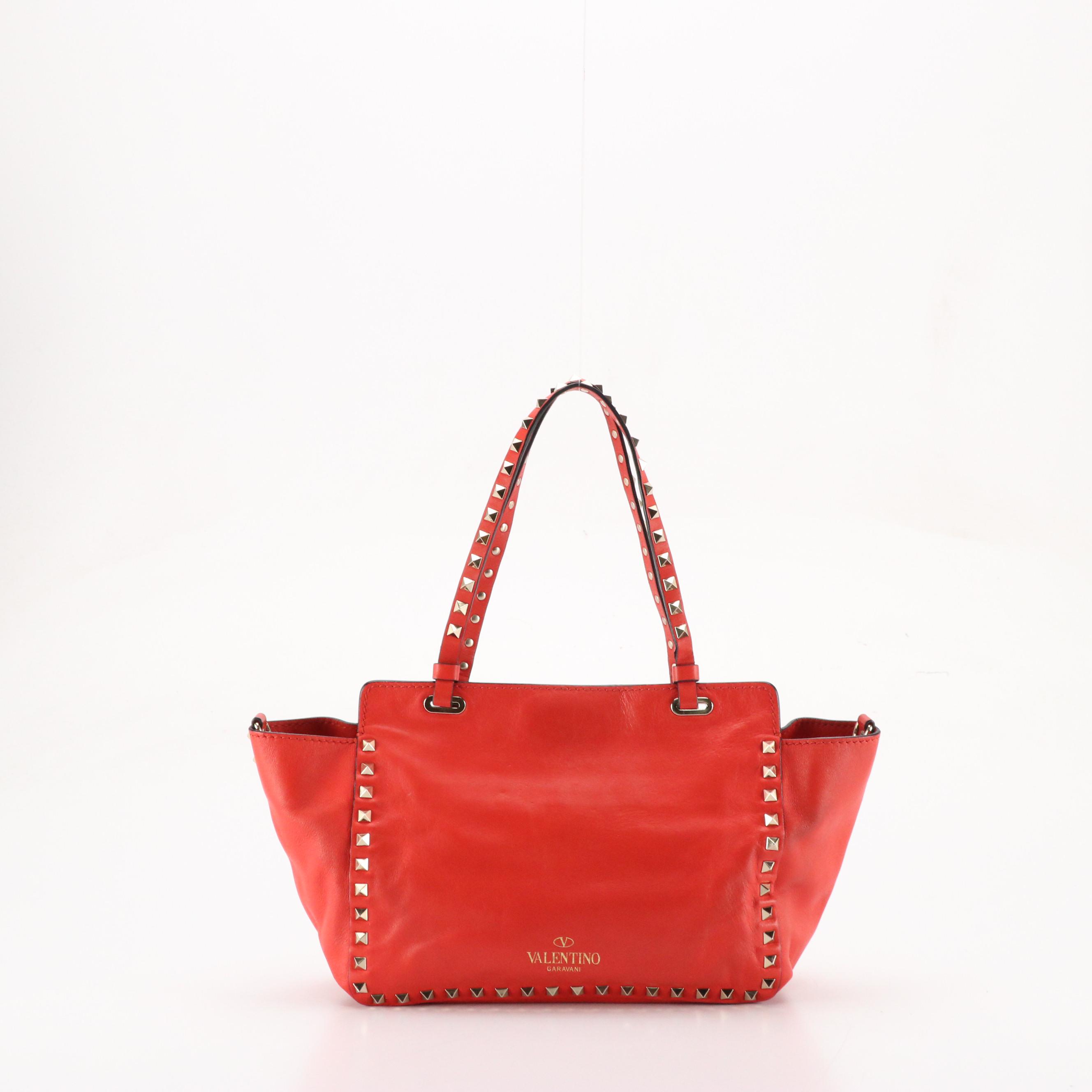 Valentino Garavani Small Rockstud Two-Way Tote in Cherry Red Calfskin Leather