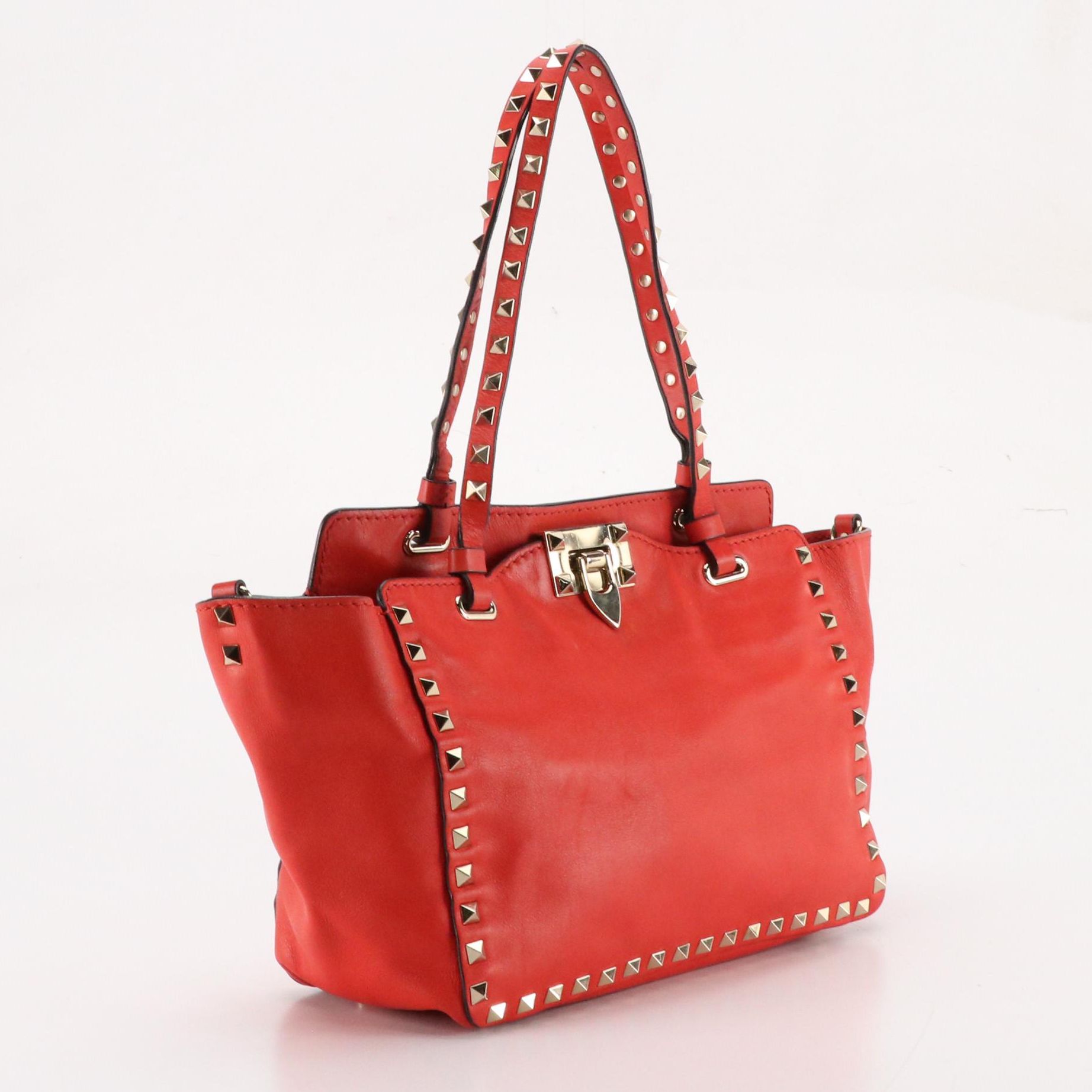 Valentino Garavani Small Rockstud Two-Way Tote in Cherry Red Calfskin Leather
