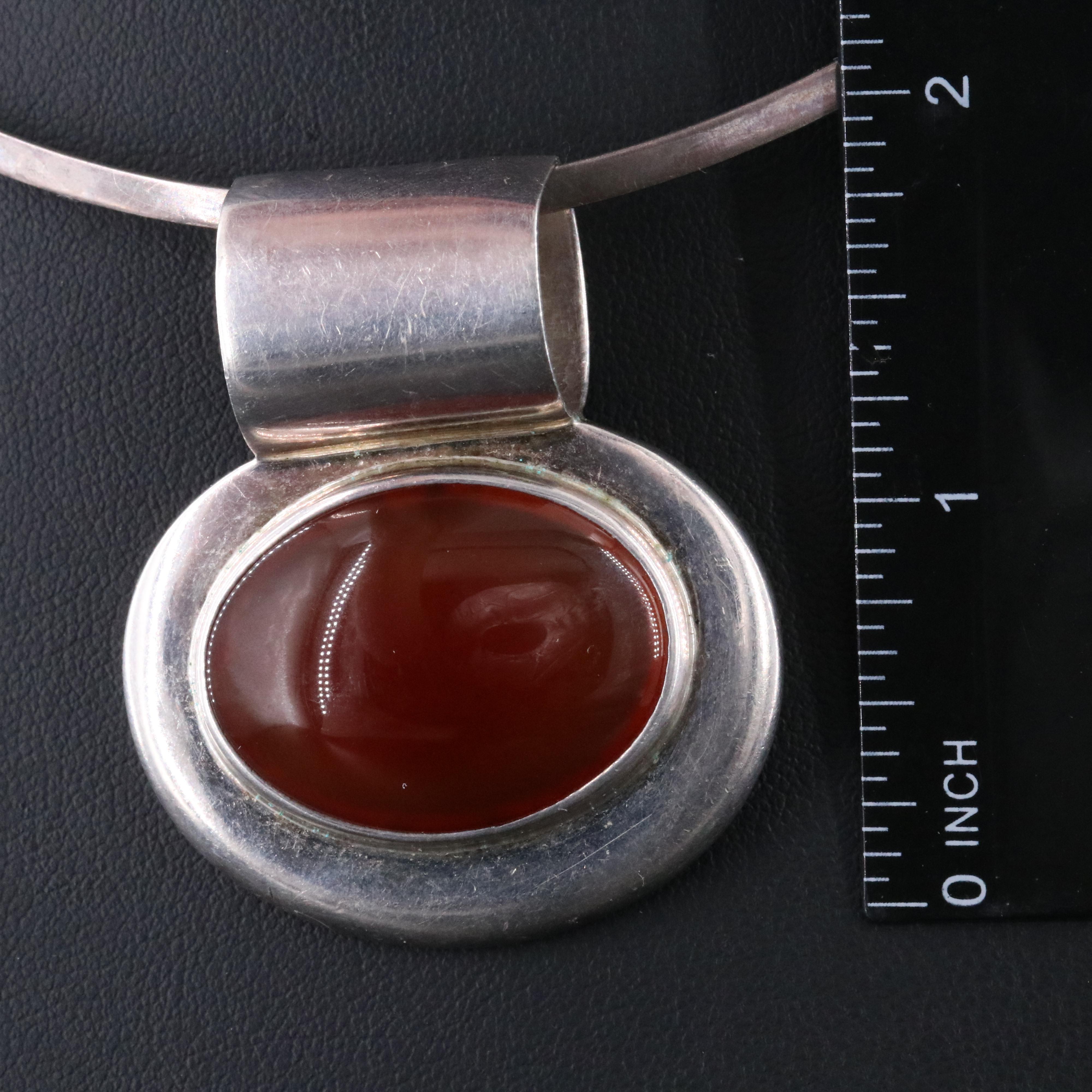 Sterling Carnelian Pendant Necklace and Metal V Collar