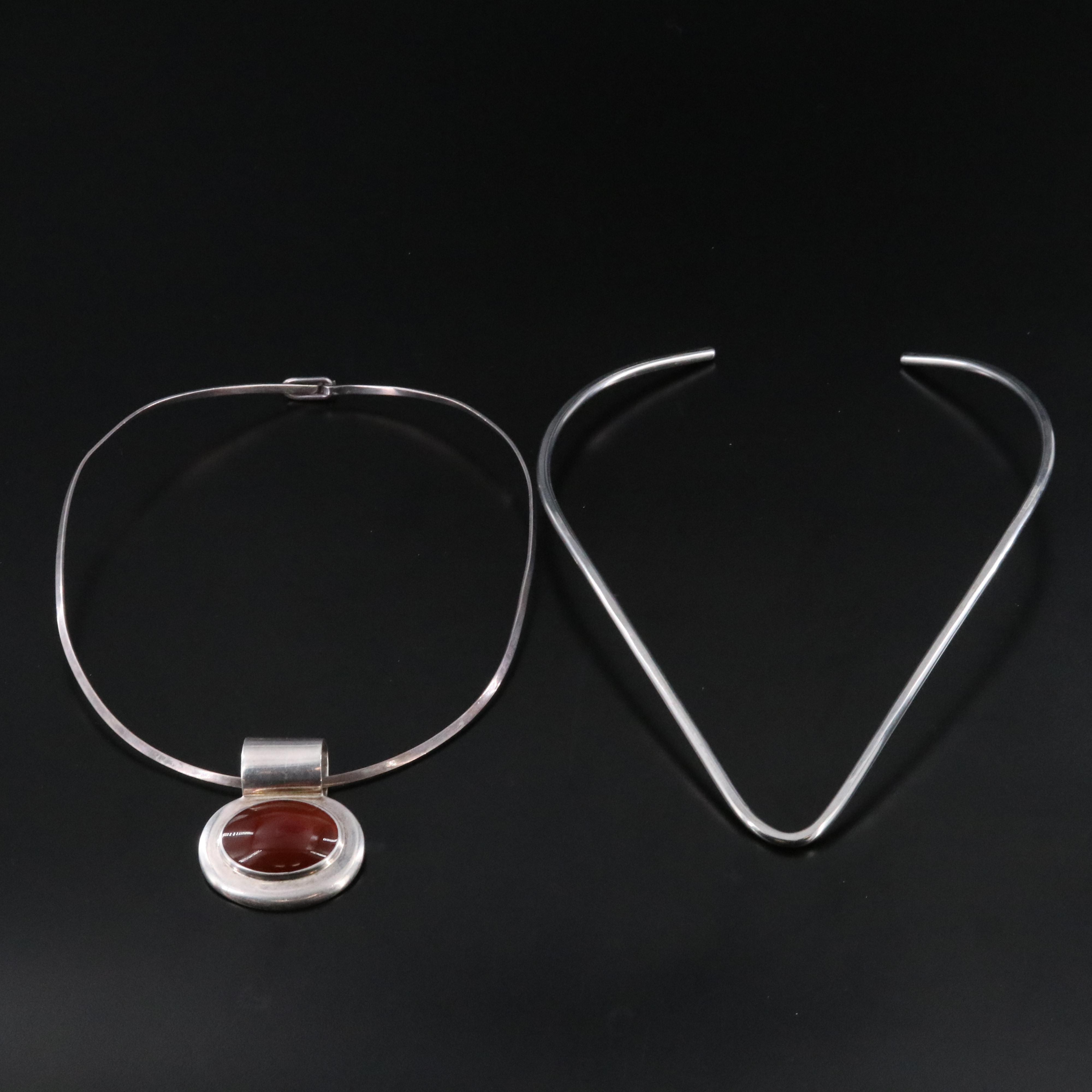 Sterling Carnelian Pendant Necklace and Metal V Collar