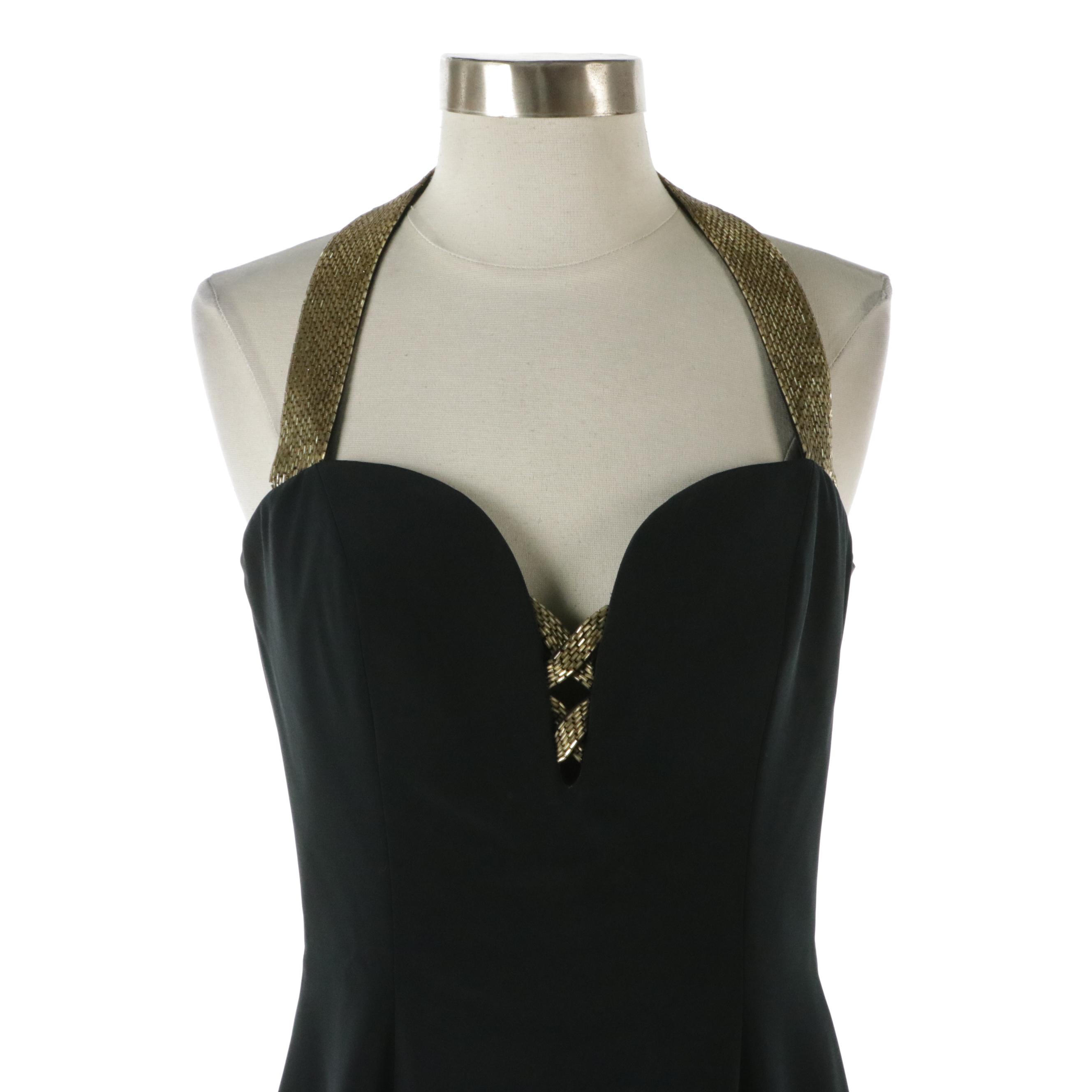 Caché Vintage Beaded Halter Strap Evening Dress