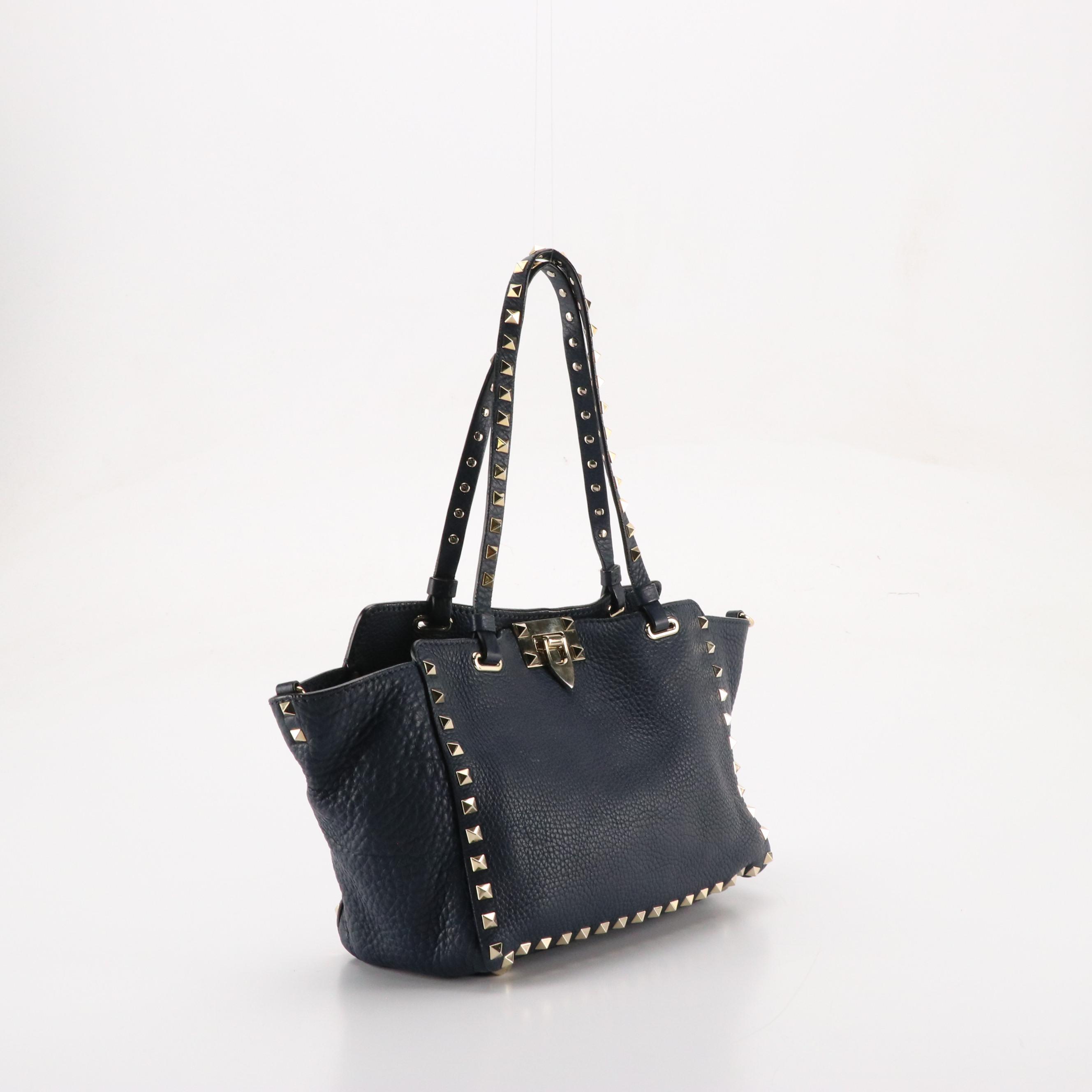 Valentino Garavani Small Rockstud Two-Way Tote in Navy Blue Calfskin Leather