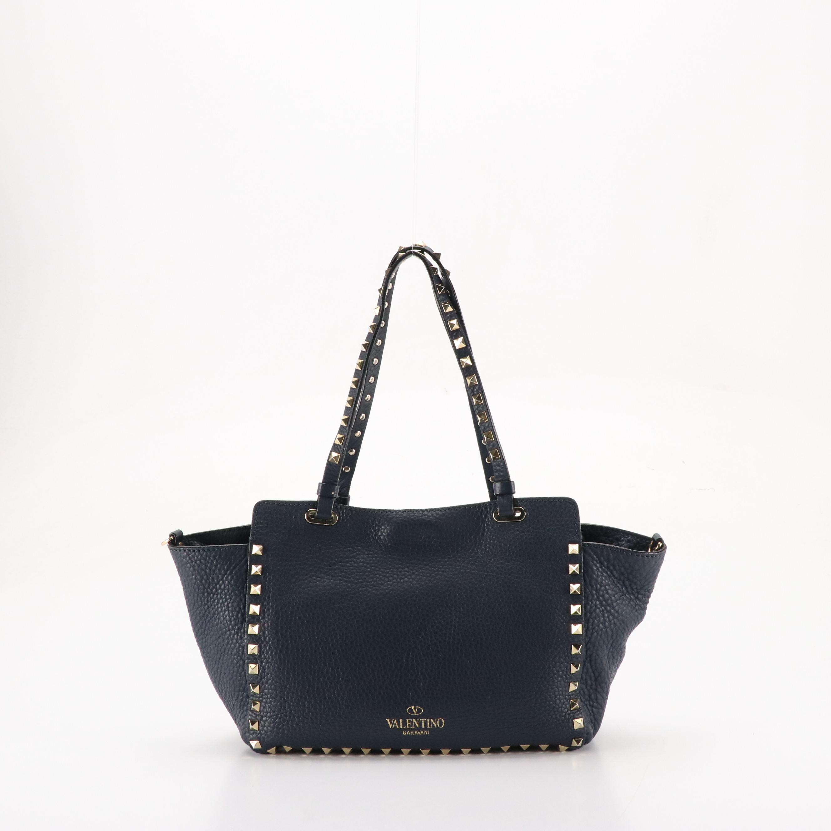 Valentino Garavani Small Rockstud Two-Way Tote in Navy Blue Calfskin Leather