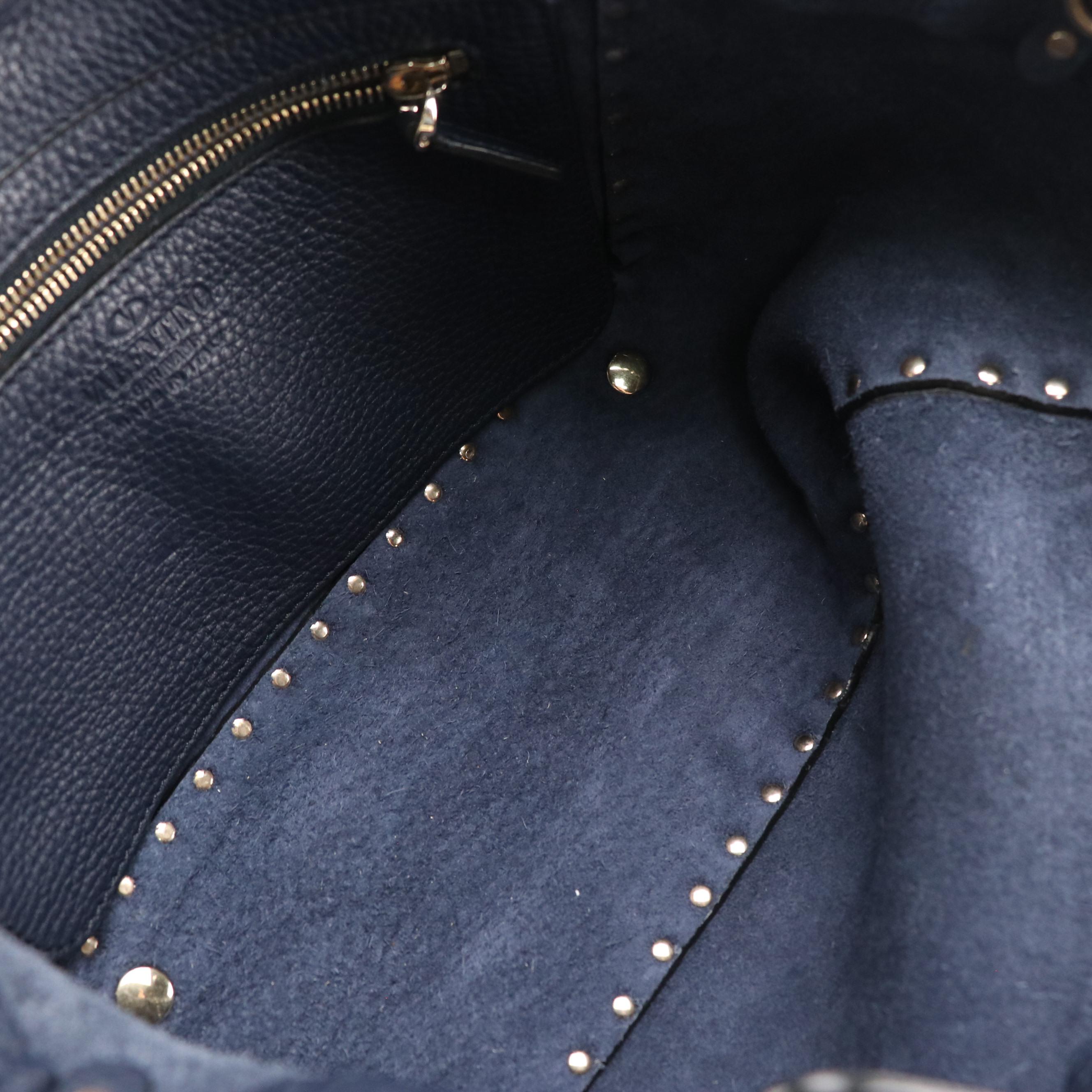 Valentino Garavani Small Rockstud Two-Way Tote in Navy Blue Calfskin Leather