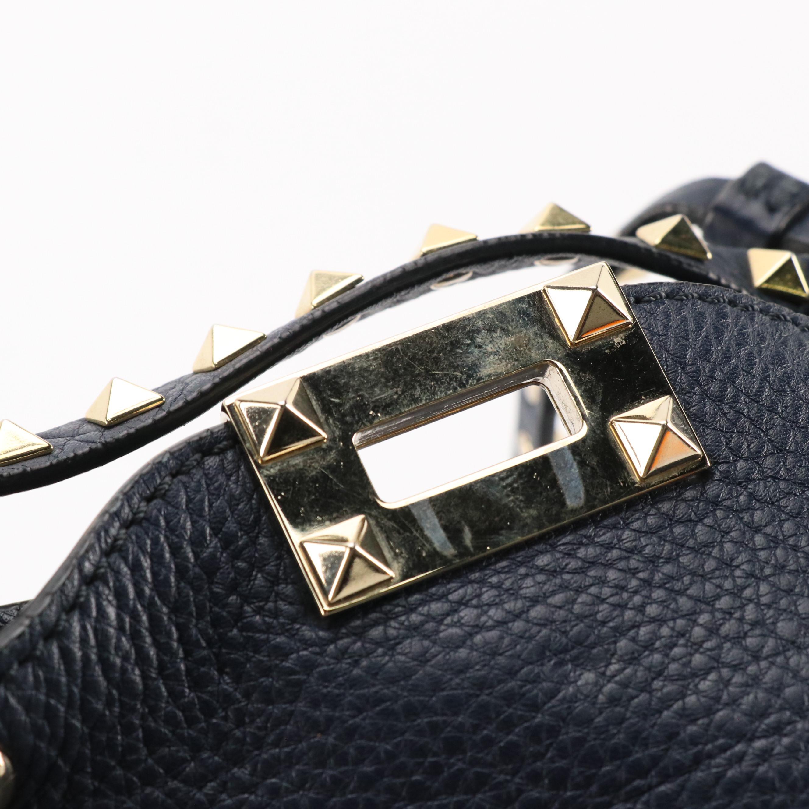 Valentino Garavani Small Rockstud Two-Way Tote in Navy Blue Calfskin Leather