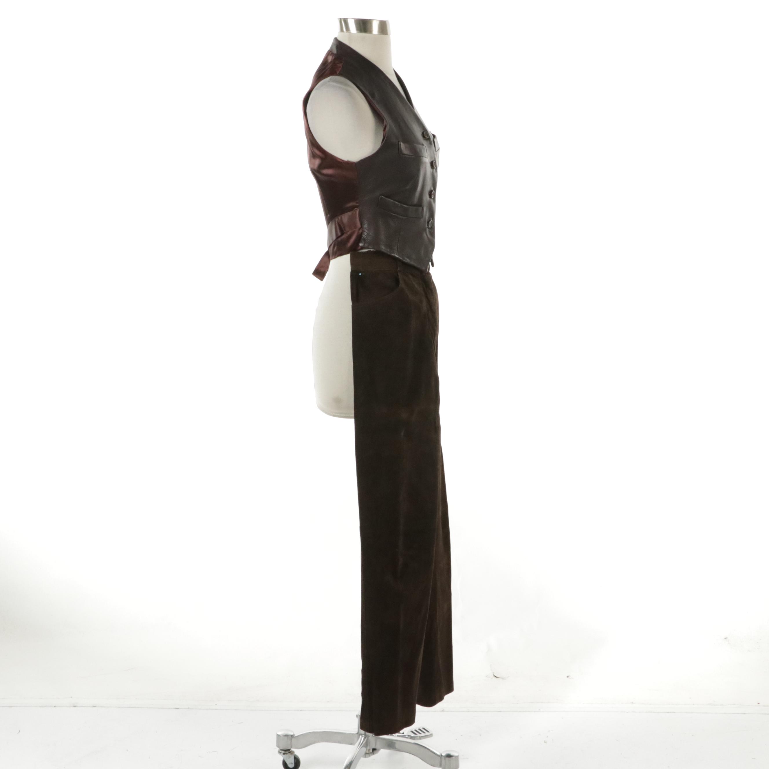 Vintage DKNY Brown Leather Vest with Genny Brown Leather Pants