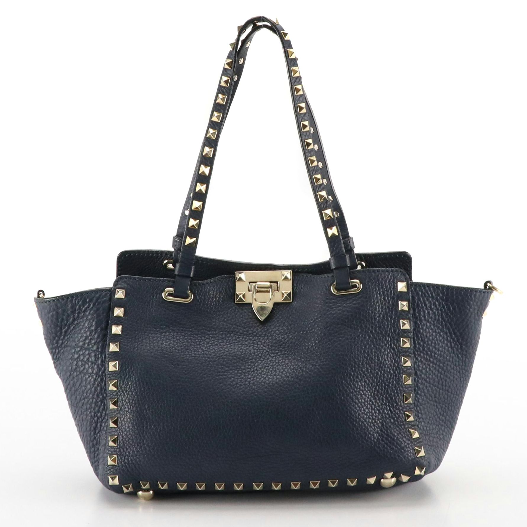 Valentino Garavani Small Rockstud Two-Way Tote in Navy Blue Calfskin Leather