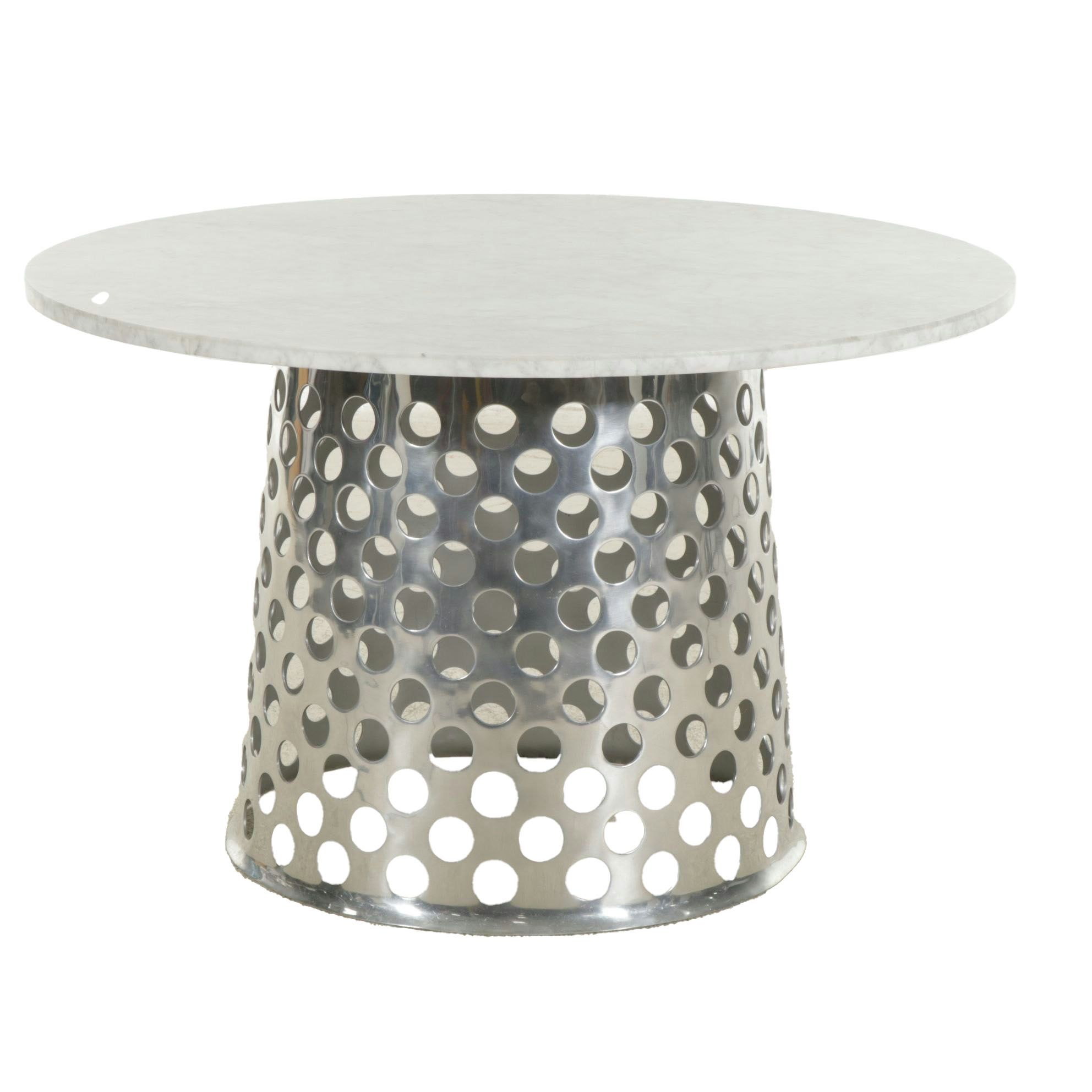 Crate & Barrel Round Marble Top Dining Table with Brushed Aluminum Base