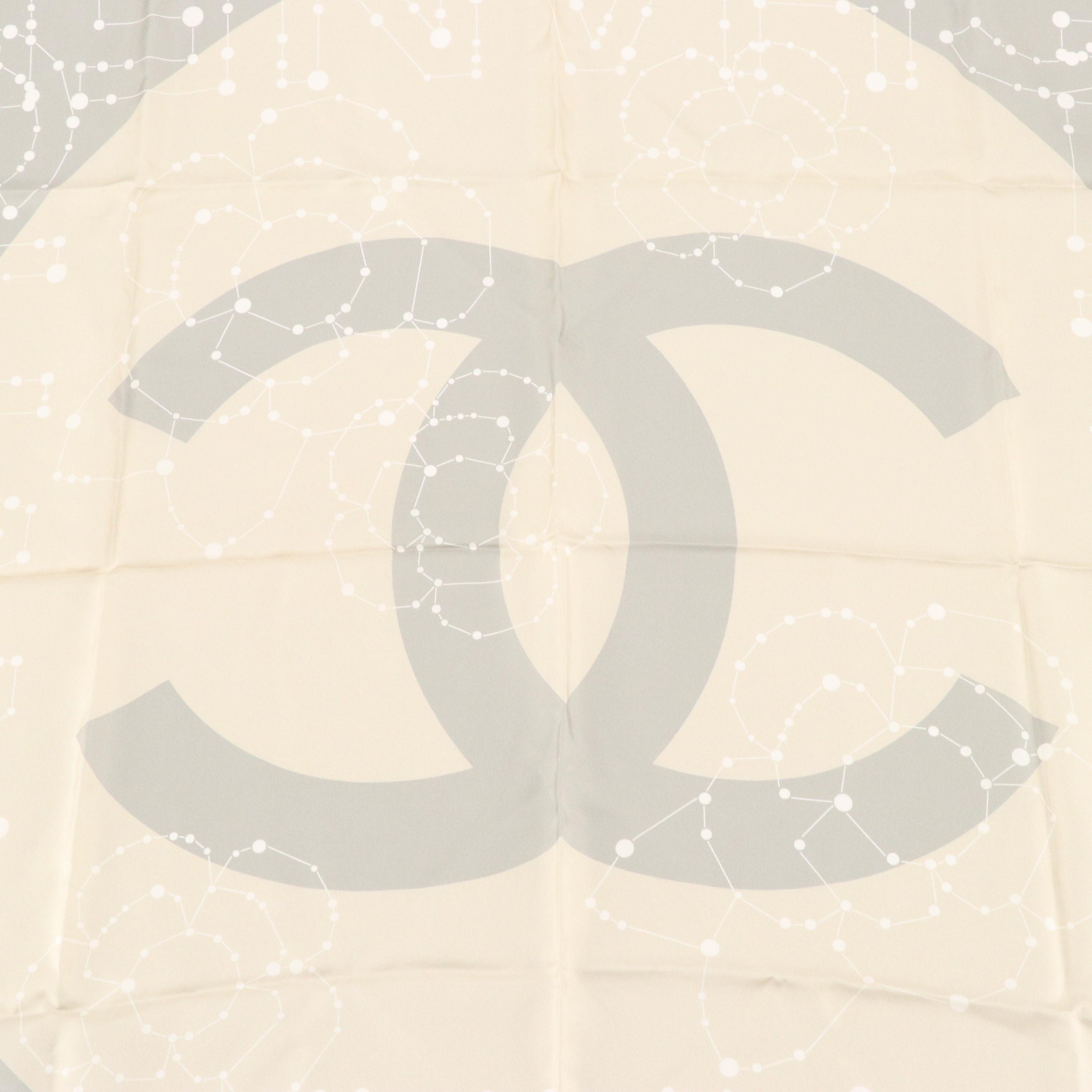 Chanel Camellia Constellation Logo Scarf 90 in Silk Twill