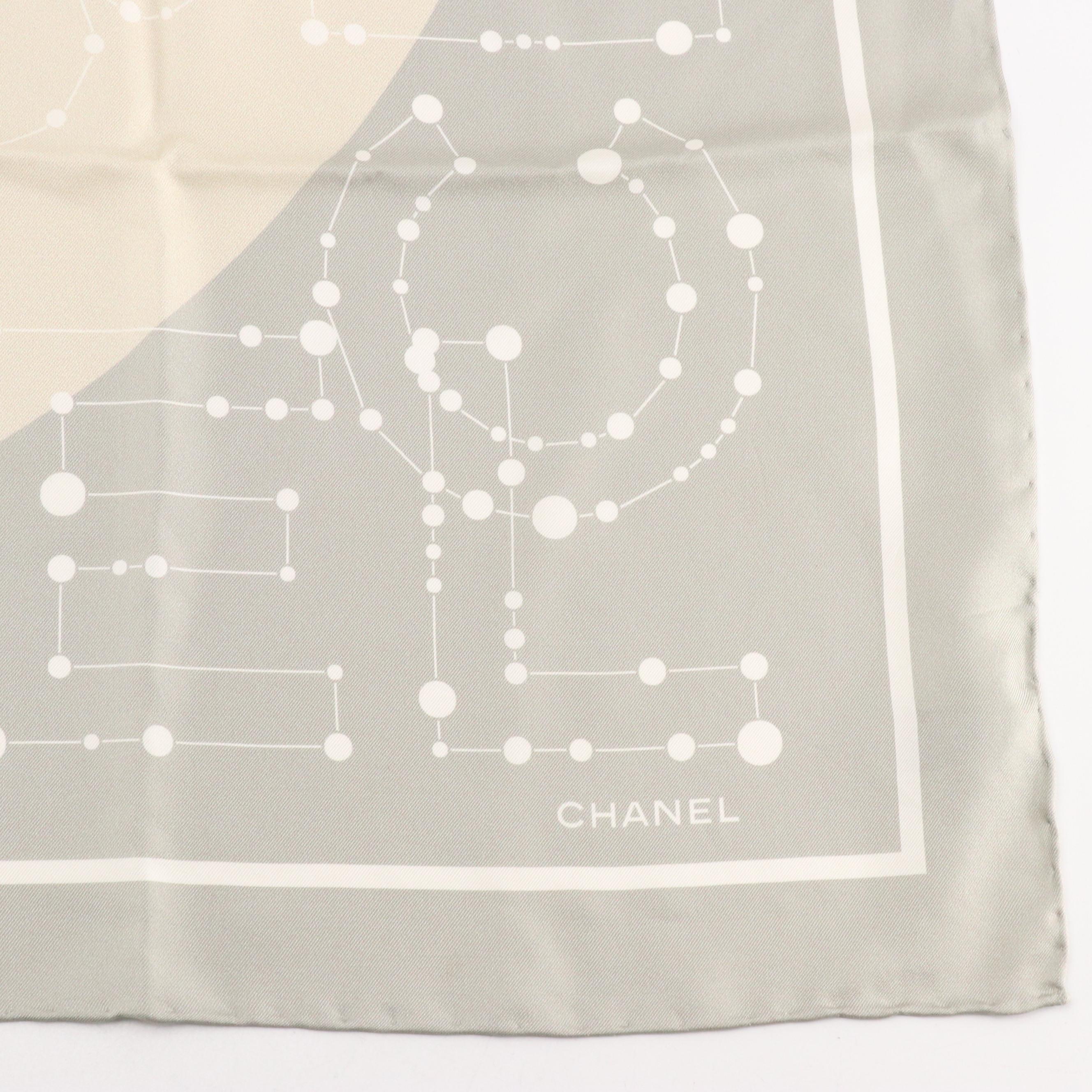 Chanel Camellia Constellation Logo Scarf 90 in Silk Twill