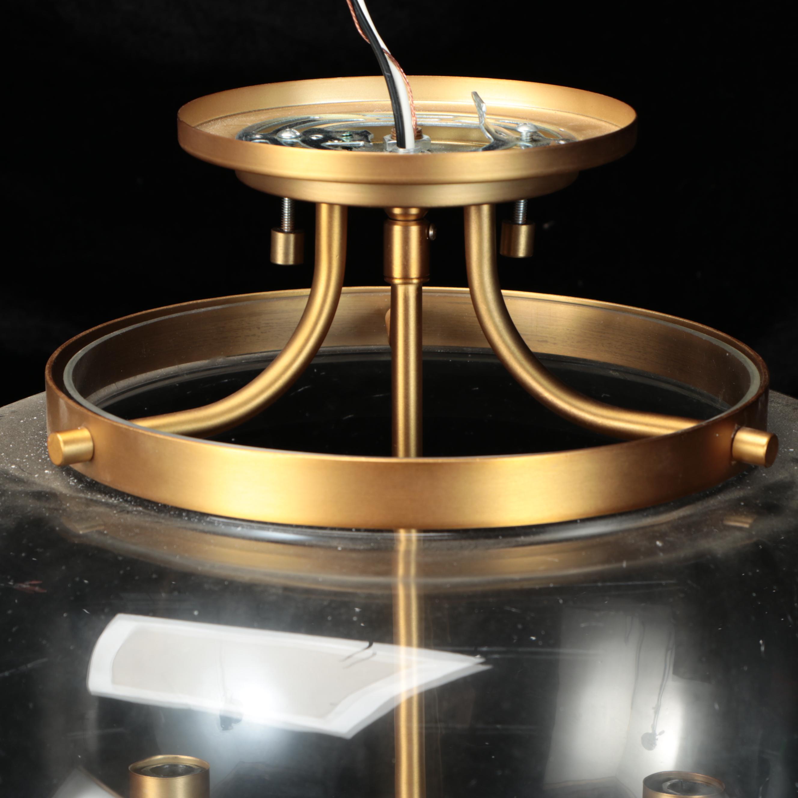 Clear Glass Orb and Brushed Gold Semi-Mount Pendant Light, 2021