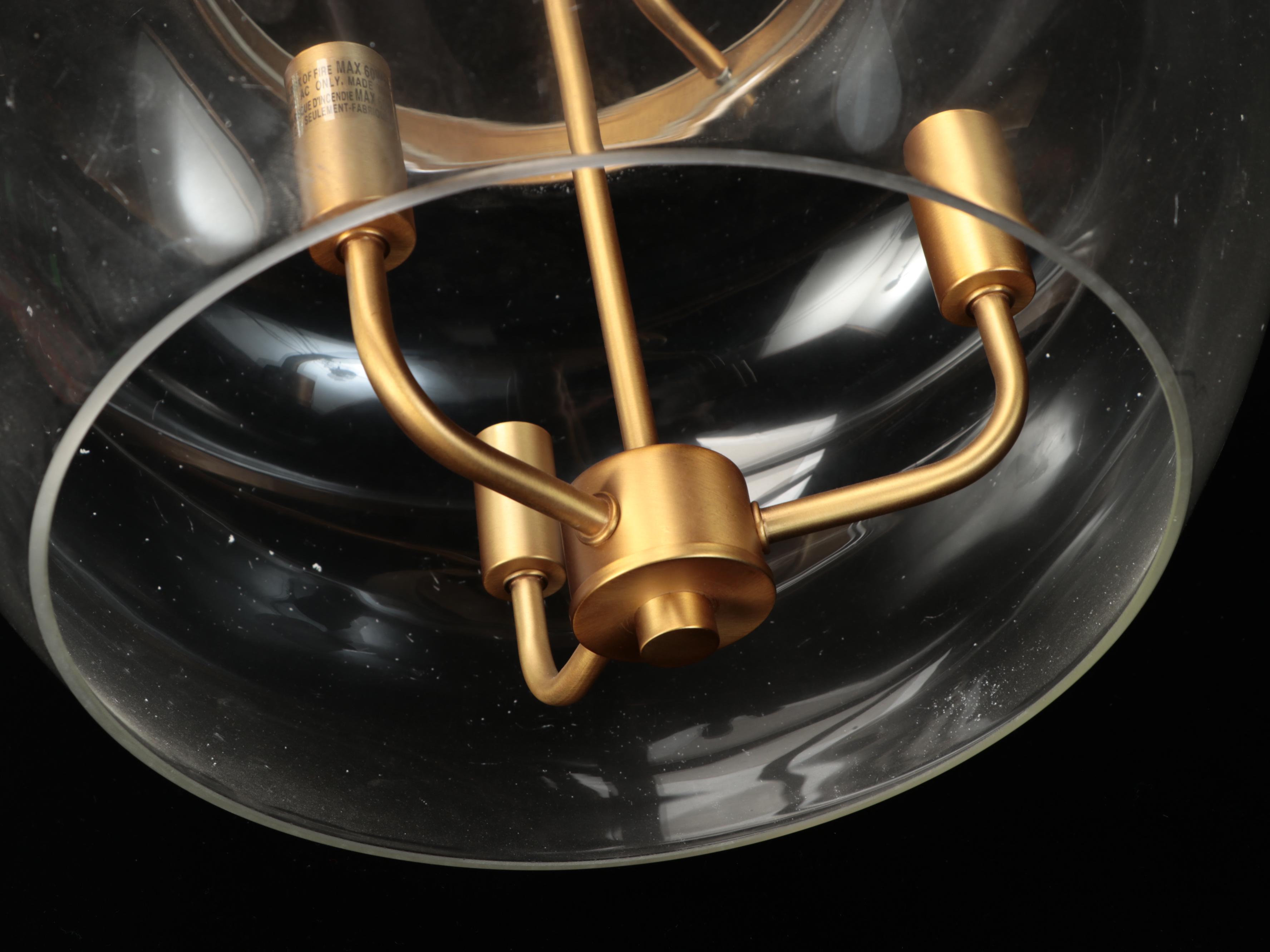 Clear Glass Orb and Brushed Gold Semi-Mount Pendant Light, 2021