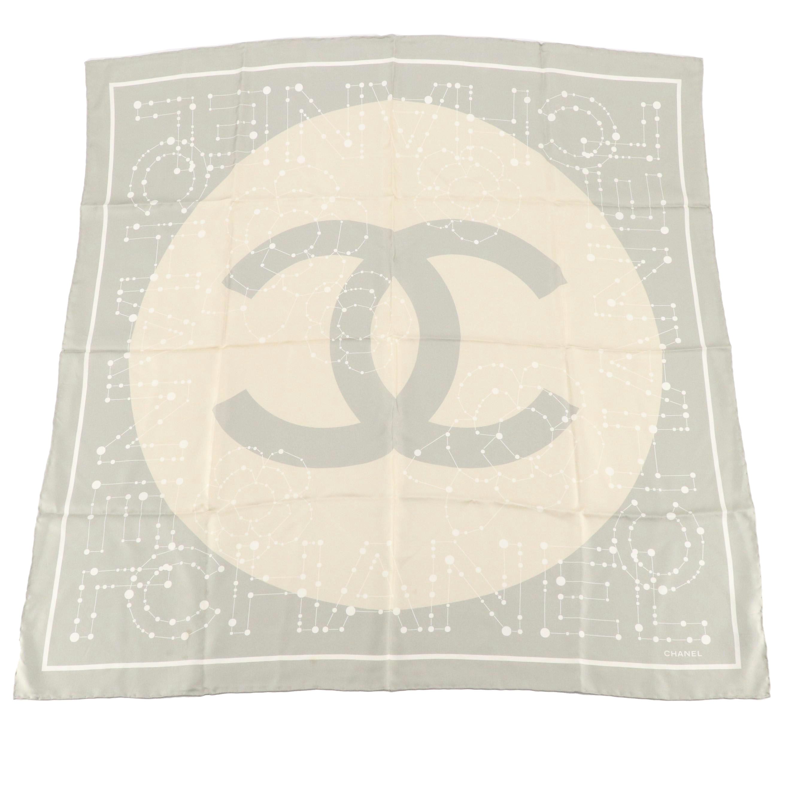 Chanel Camellia Constellation Logo Scarf 90 in Silk Twill