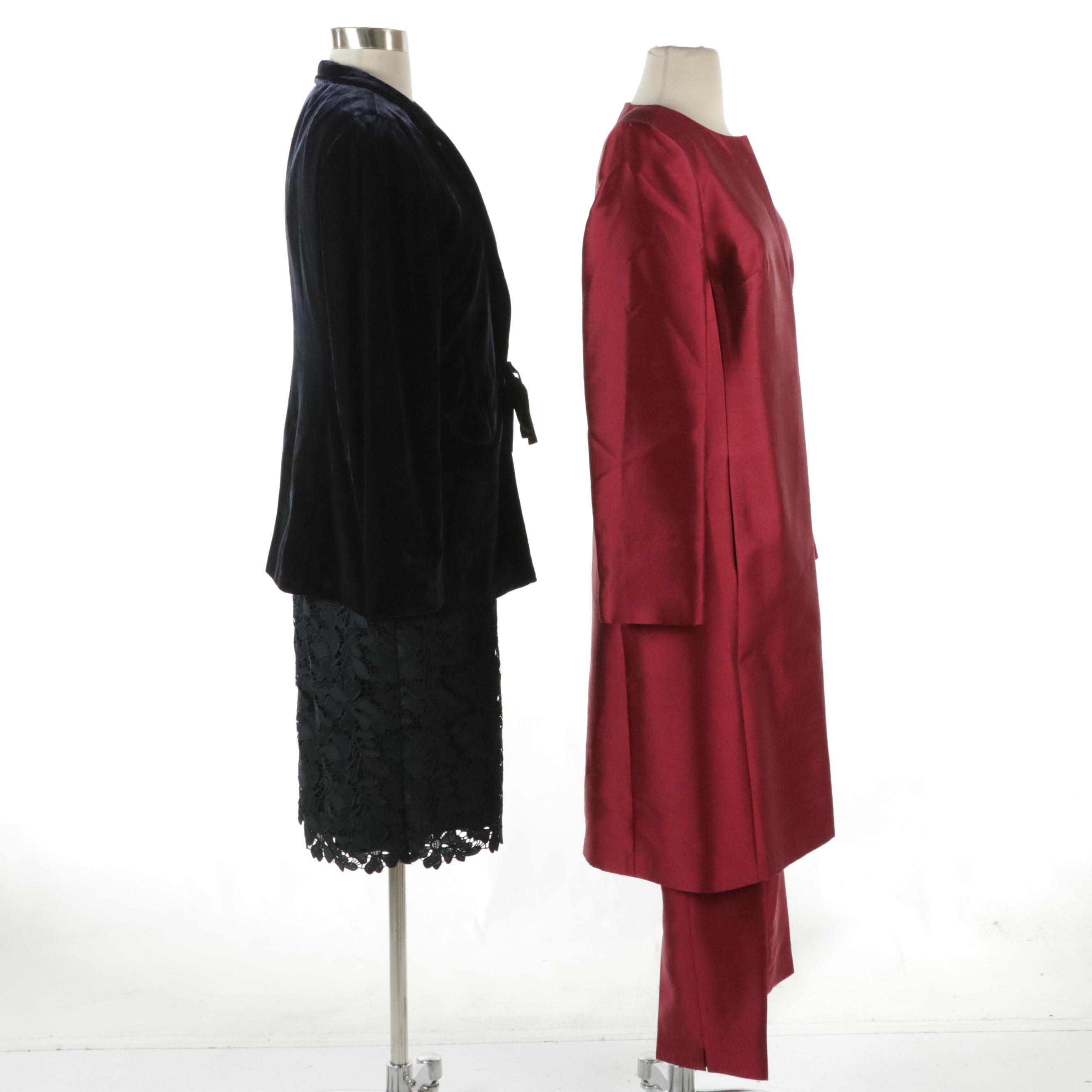 Talbots Silk Blend Pant Set, Sleeveless Lace Dress, and Velvet Jacket