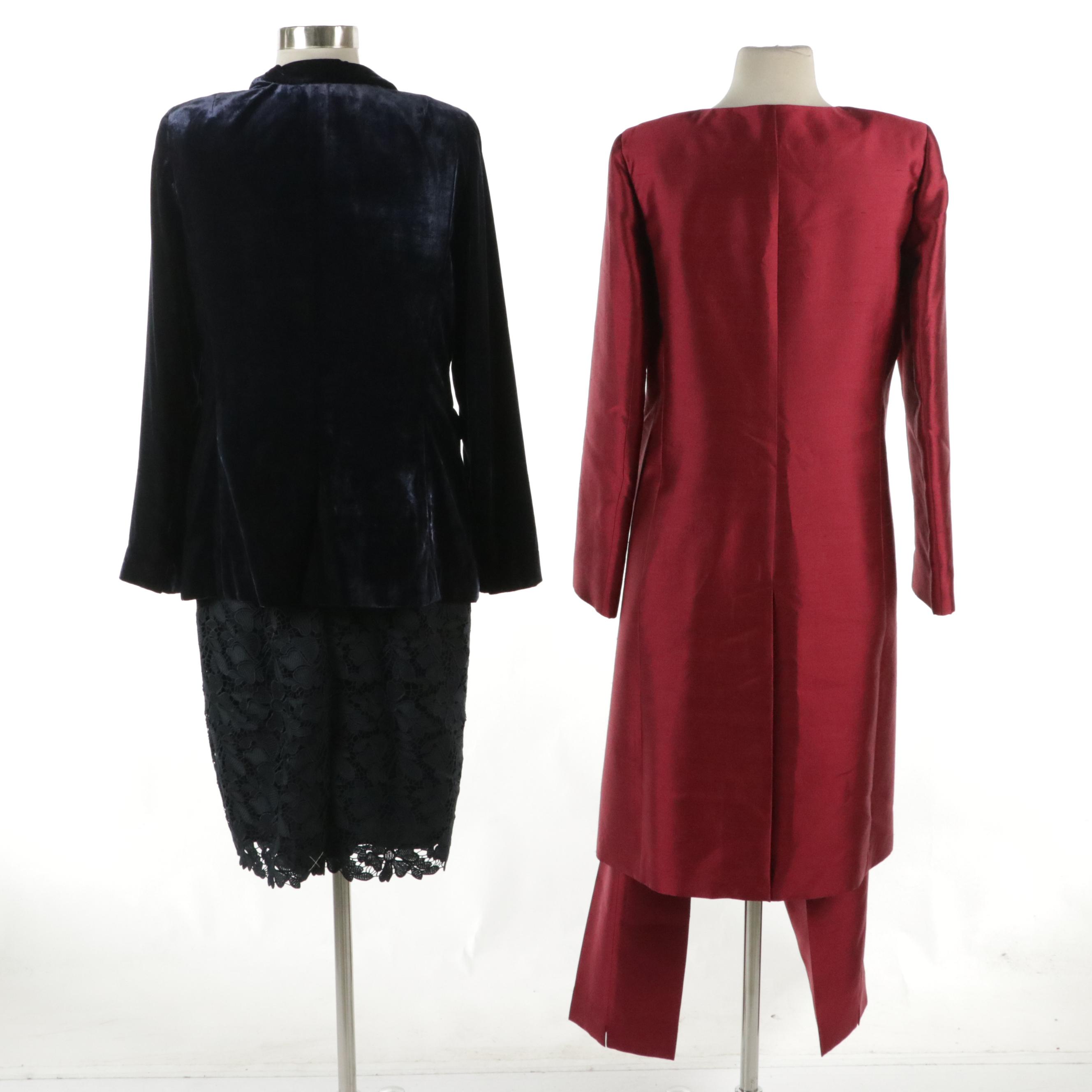 Talbots Silk Blend Pant Set, Sleeveless Lace Dress, and Velvet Jacket