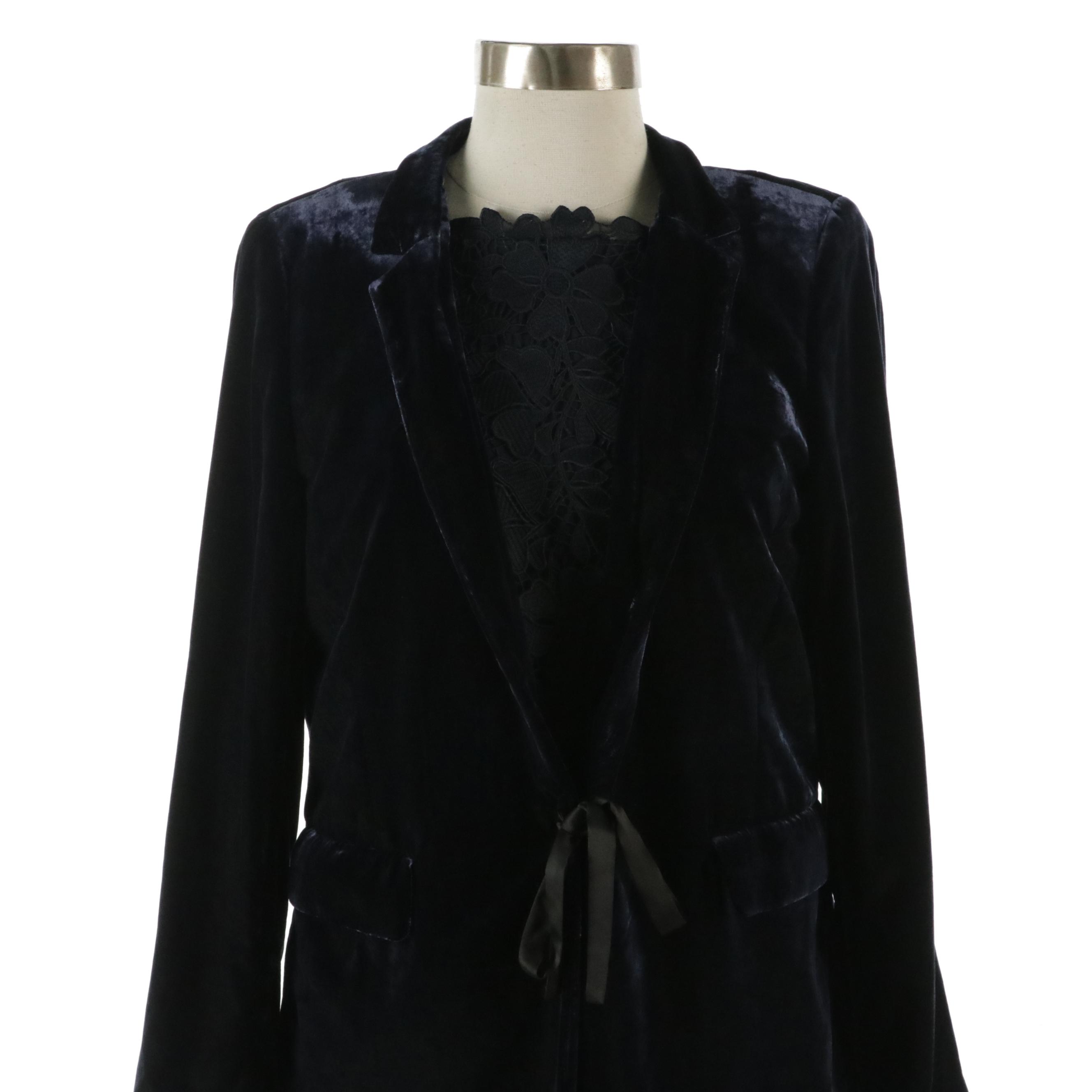 Talbots Silk Blend Pant Set, Sleeveless Lace Dress, and Velvet Jacket