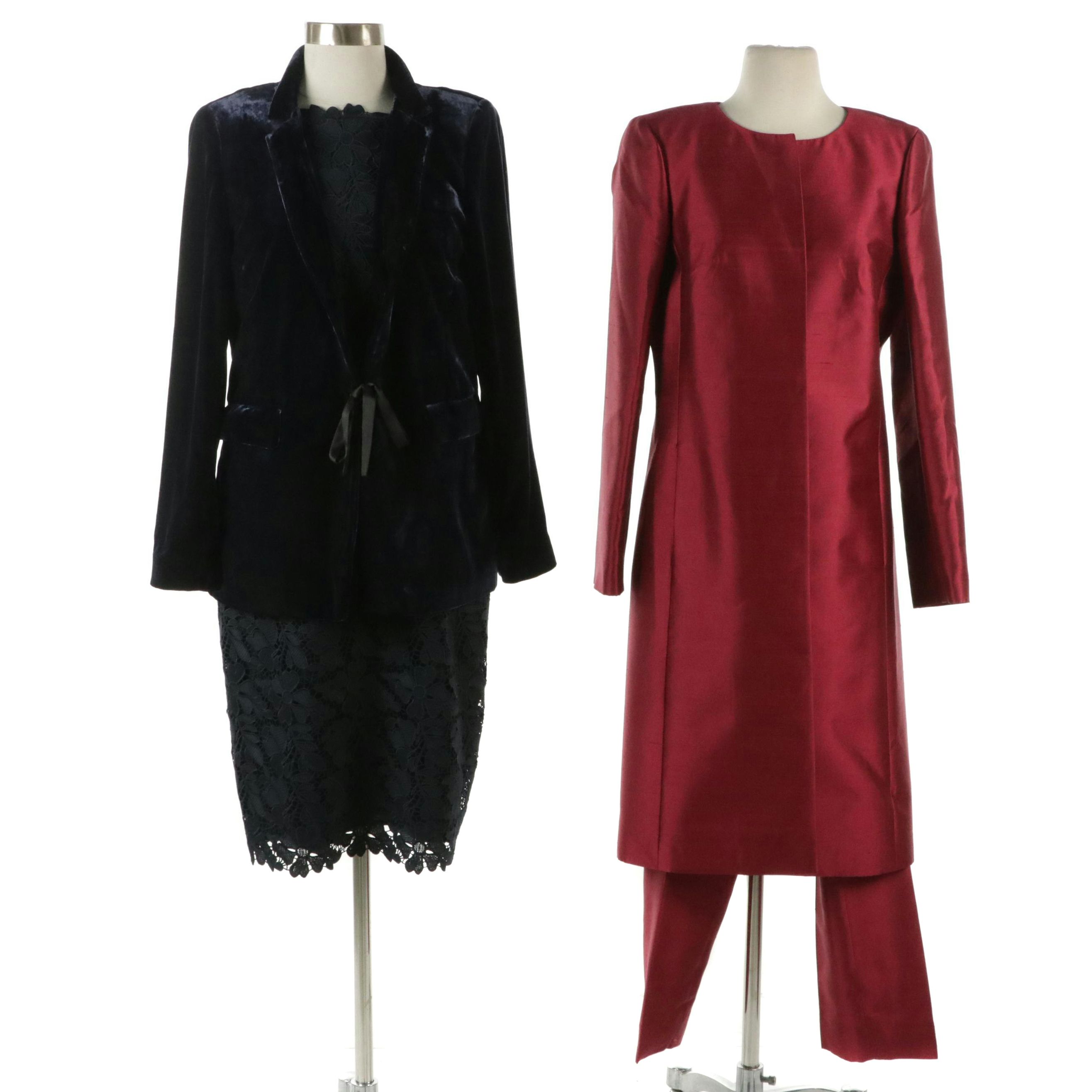 Talbots Silk Blend Pant Set, Sleeveless Lace Dress, and Velvet Jacket
