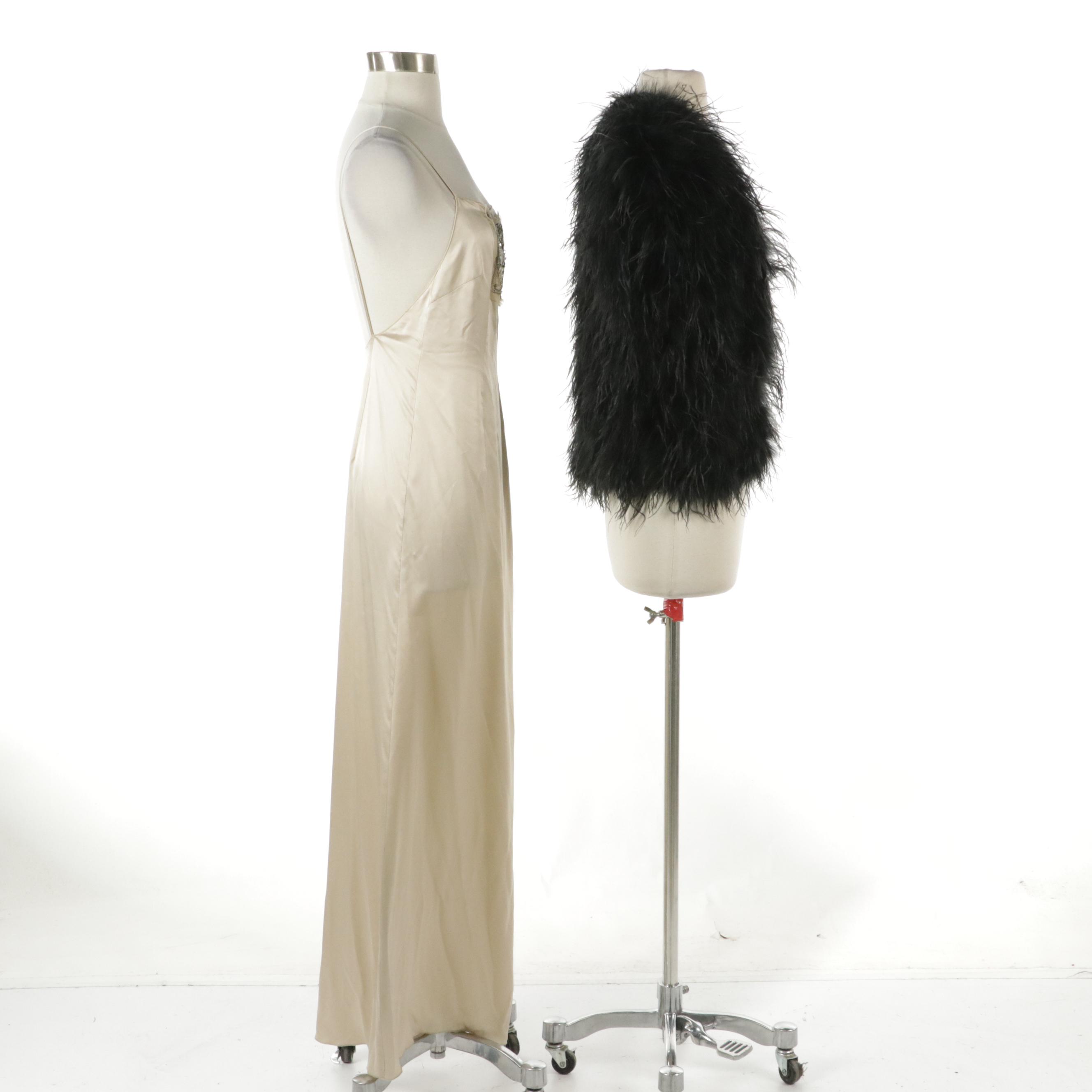 Philosophy di Alberta Ferretti Beaded Slip Dress and Other Boa Feather Vest