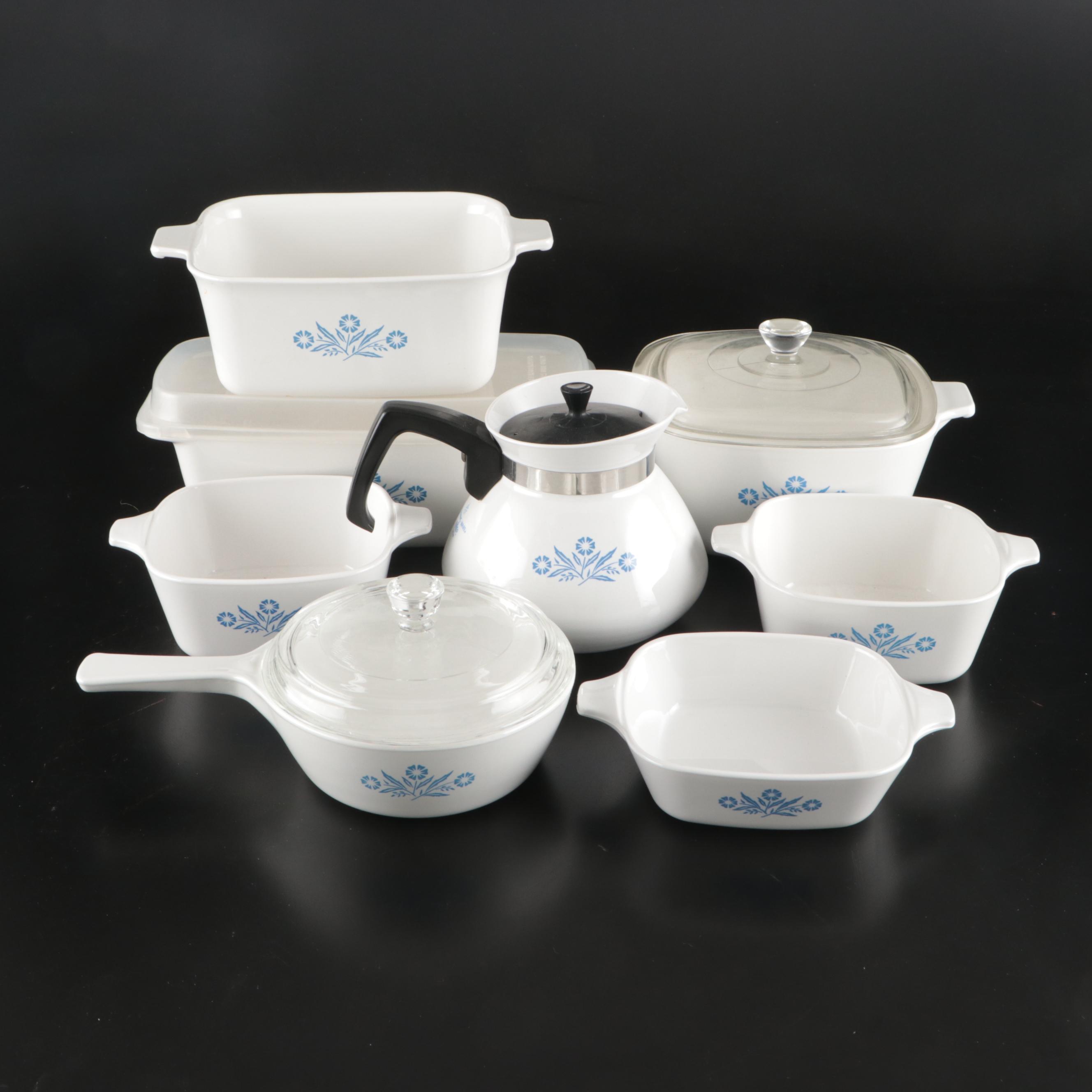 Corningware "Cornflower Blue" Coffee Pot with Casserole Dishes and Loaf Pan