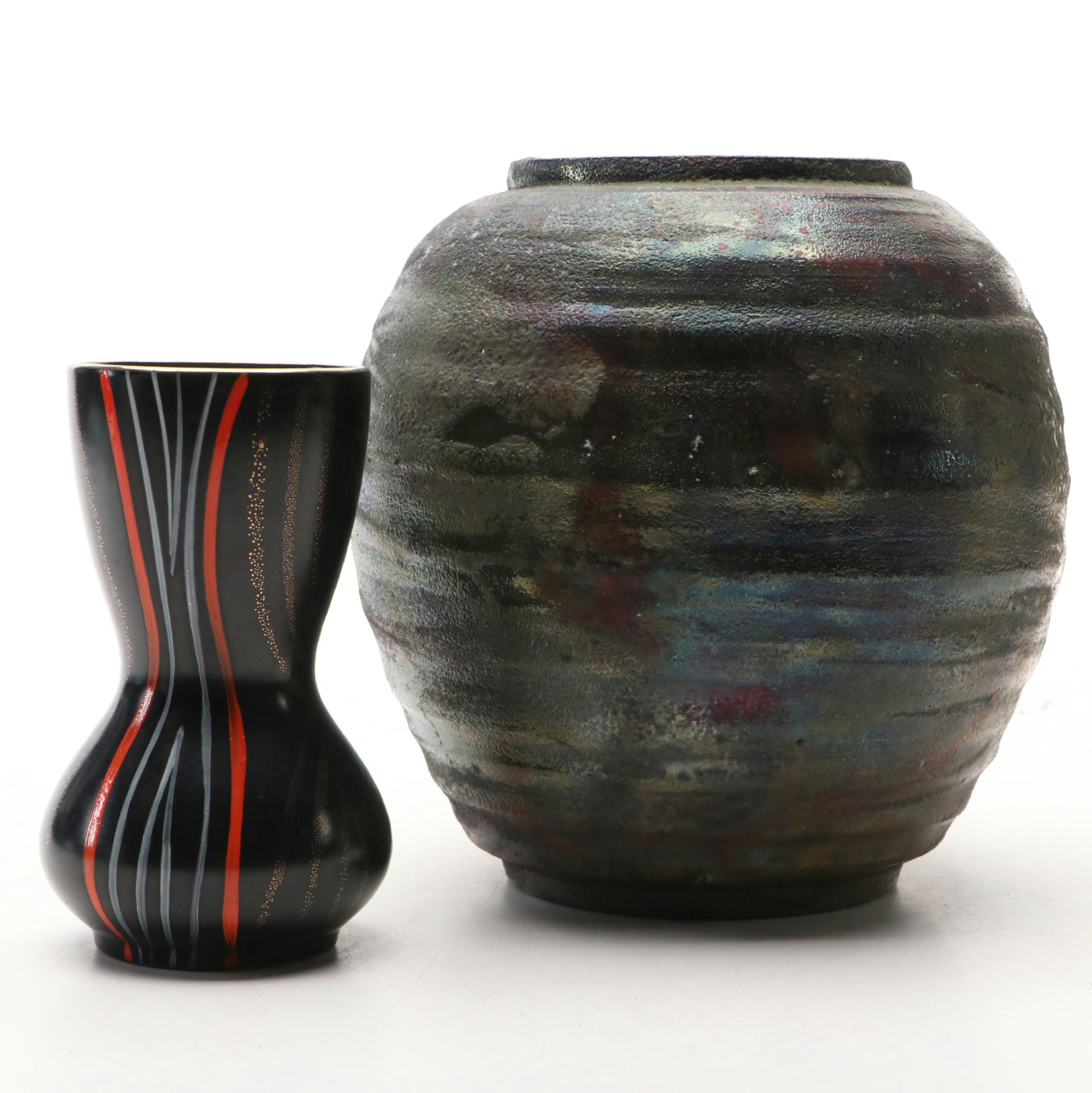 German Mid Century Modern Ceramic Vase with Raku Pottery Vase