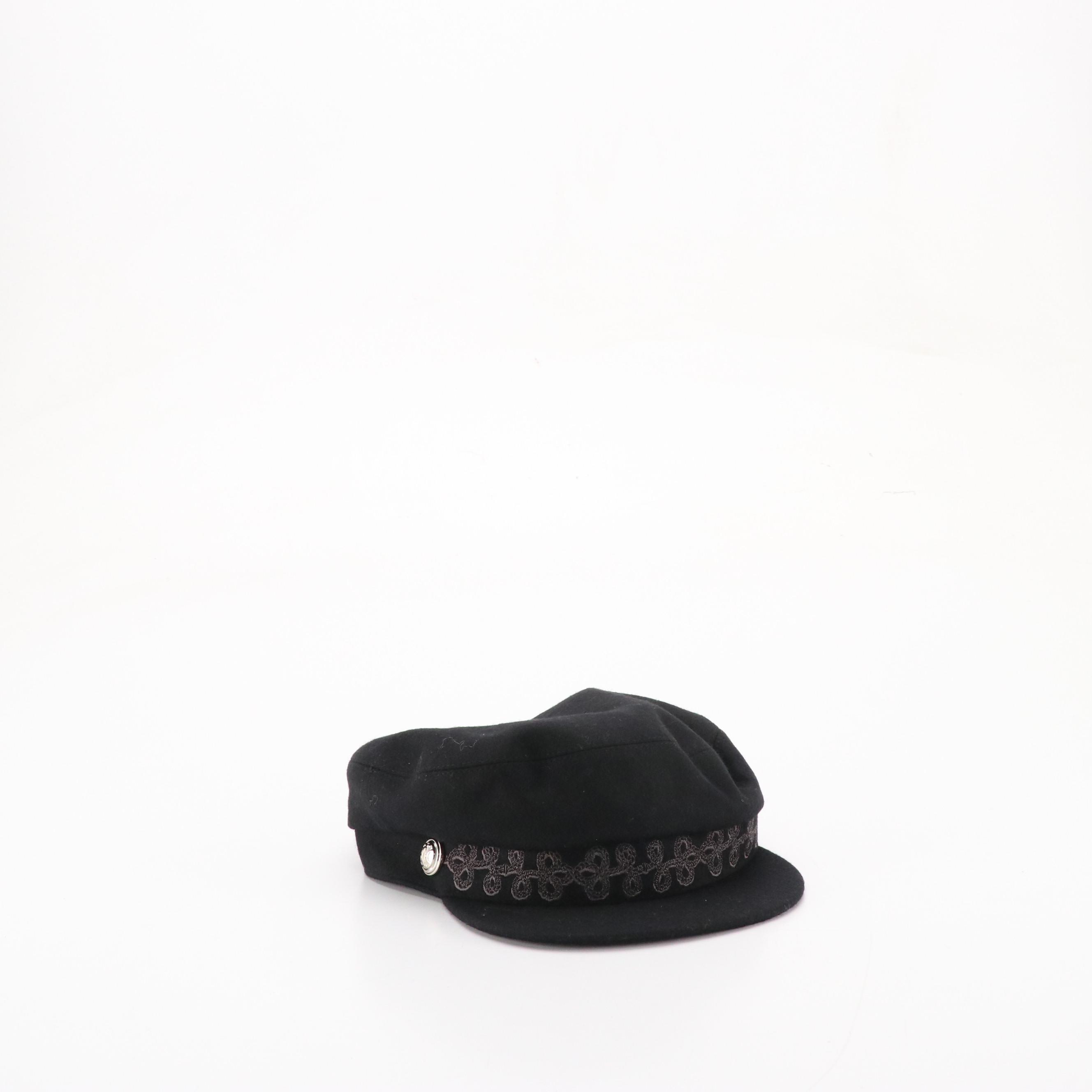 Hermès Black Embroidered Wool Newsboy Cap