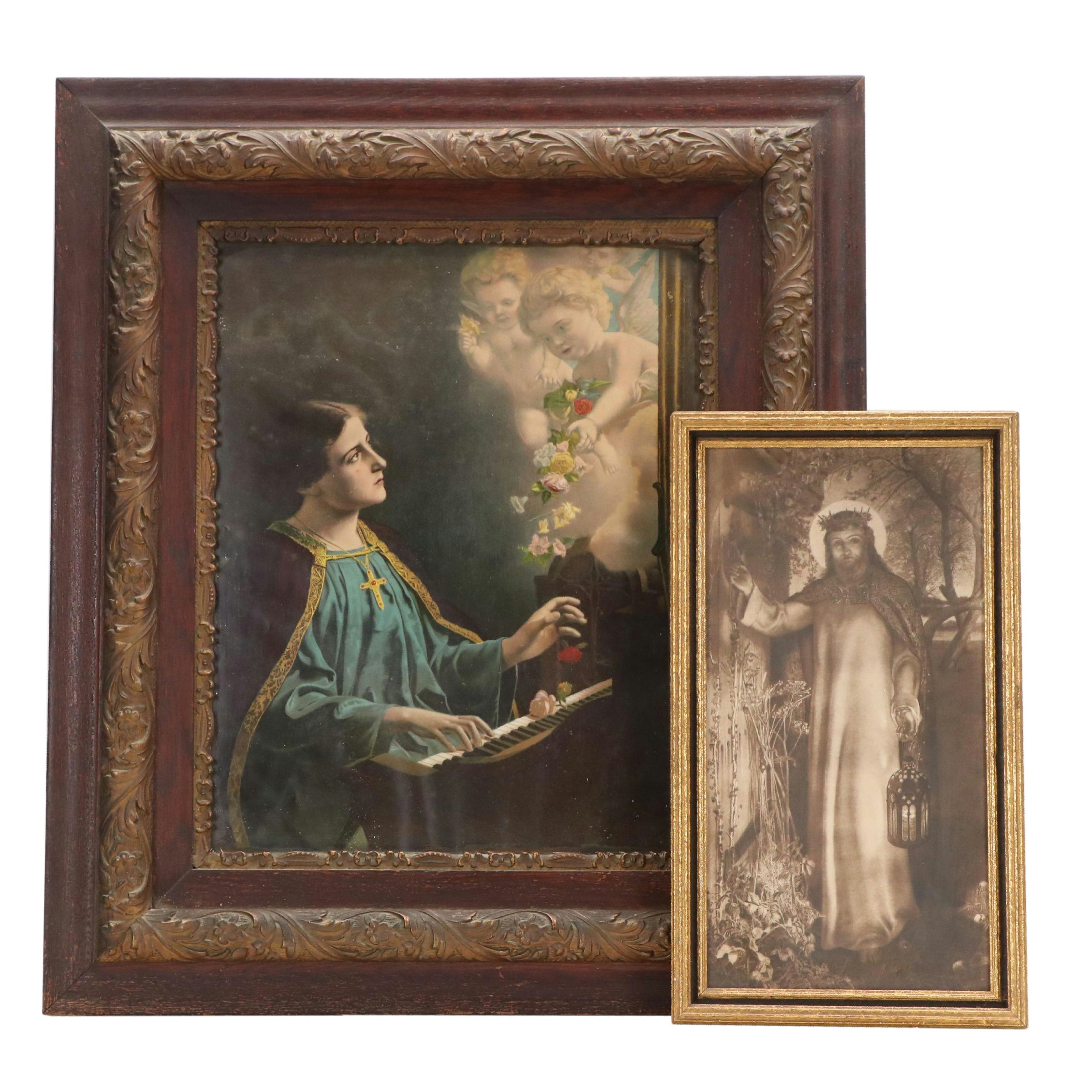 Religious Collotypes of St. Cecilia at the Piano and "The Light of the World"