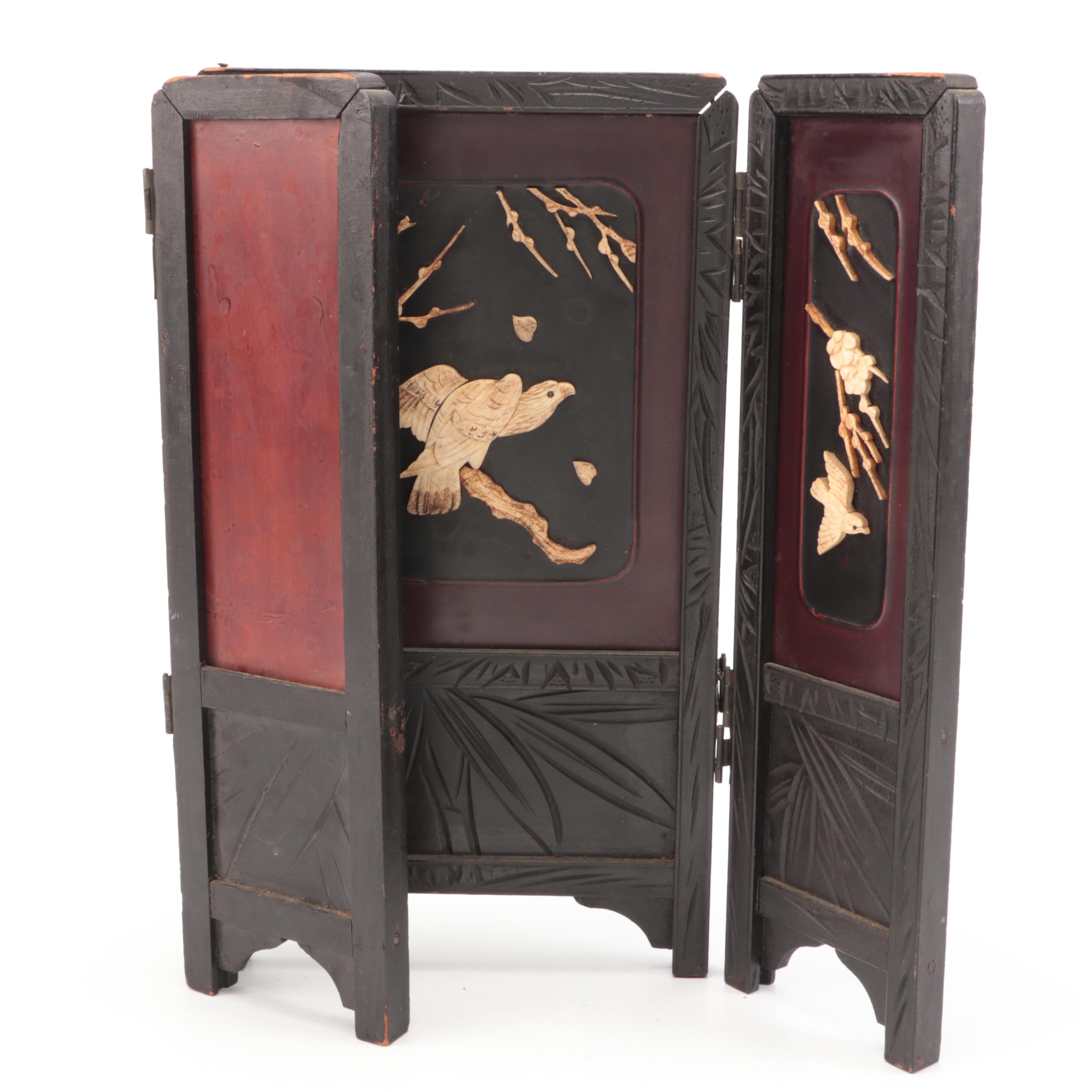 Japanese Miniature Wood Folding Screen with Bird and Floral Carved Bone Accents