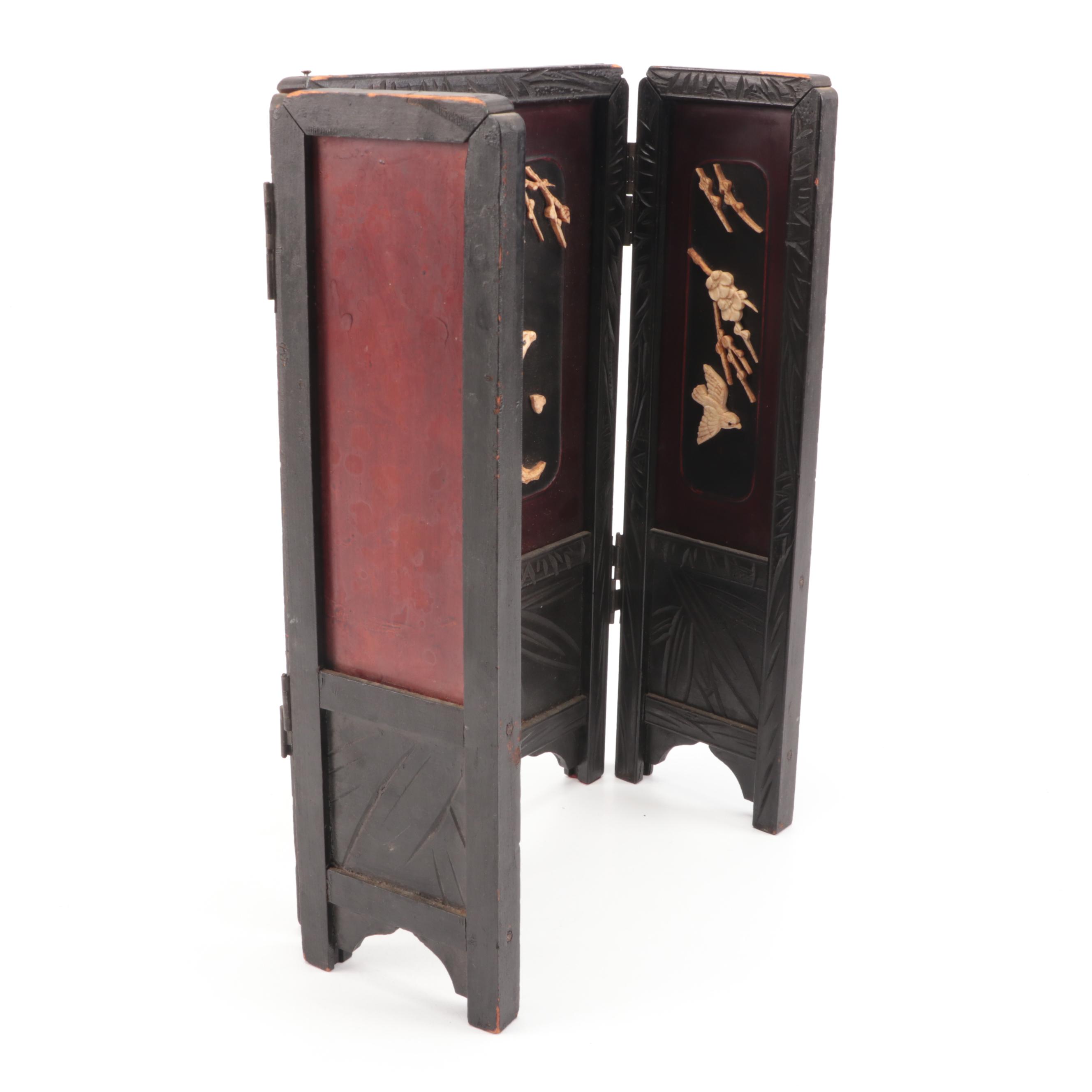 Japanese Miniature Wood Folding Screen with Bird and Floral Carved Bone Accents