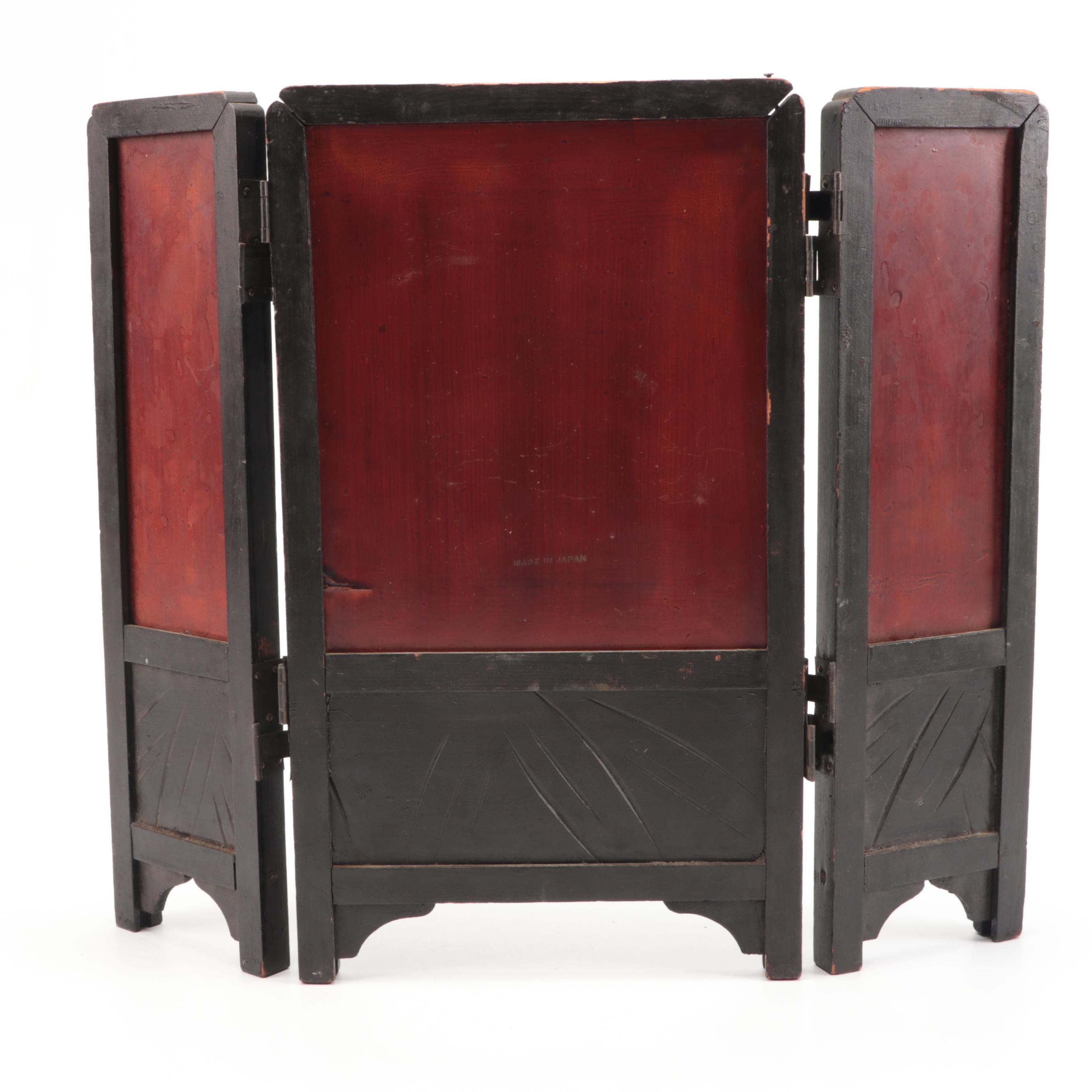 Japanese Miniature Wood Folding Screen with Bird and Floral Carved Bone Accents